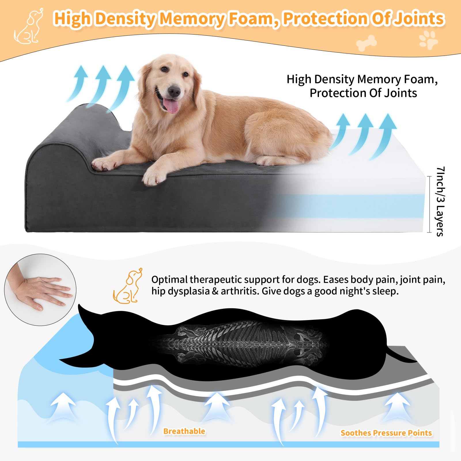 Rainmr 7 Inch Orthopedic Dog Bed For Large Dogs - Chew-Resistant & Washable Microsuede Cover/Waterproof Inner Case - With 4 Inch