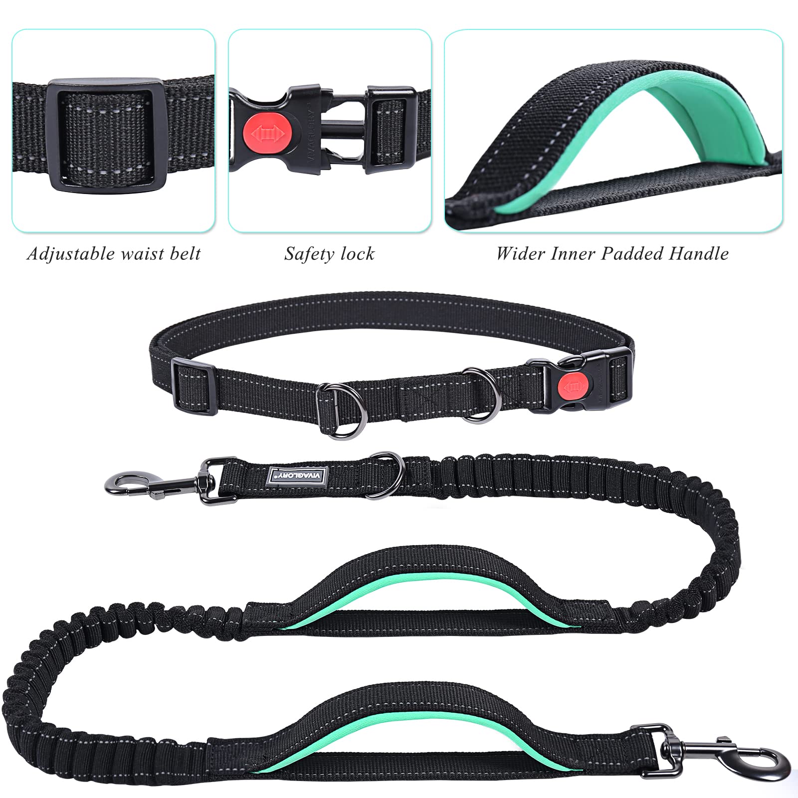 Vivaglory Hands Free Dog Leash With Dual Advanced Anti-Shock Bungees And Padded Handles, Reflective Waist Running Leash With Adjustable Belt For Medium Large Dogs, Black/Turquoise