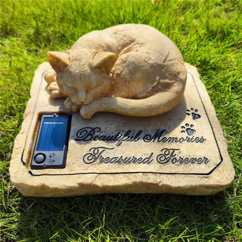 Solar Light Memorial Stones With Sleeping Cat Statue - Auto Glow Night Cat Grave Markers - 8'X6.5'X3'