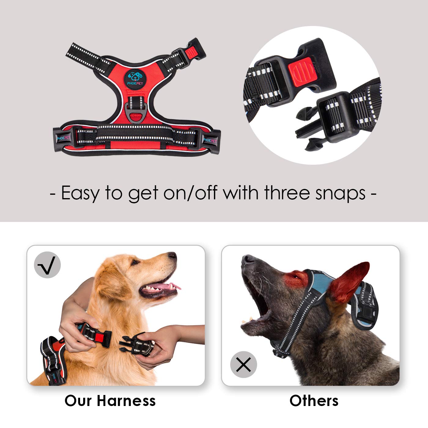 Phoepet No Pull Dog Harnesses For Small Dogs Reflective Adjustable Front Clip Vest With Handle 2 Metal Rings 3 Buckles [Easy To Put On & Take Off](Xs, Red)