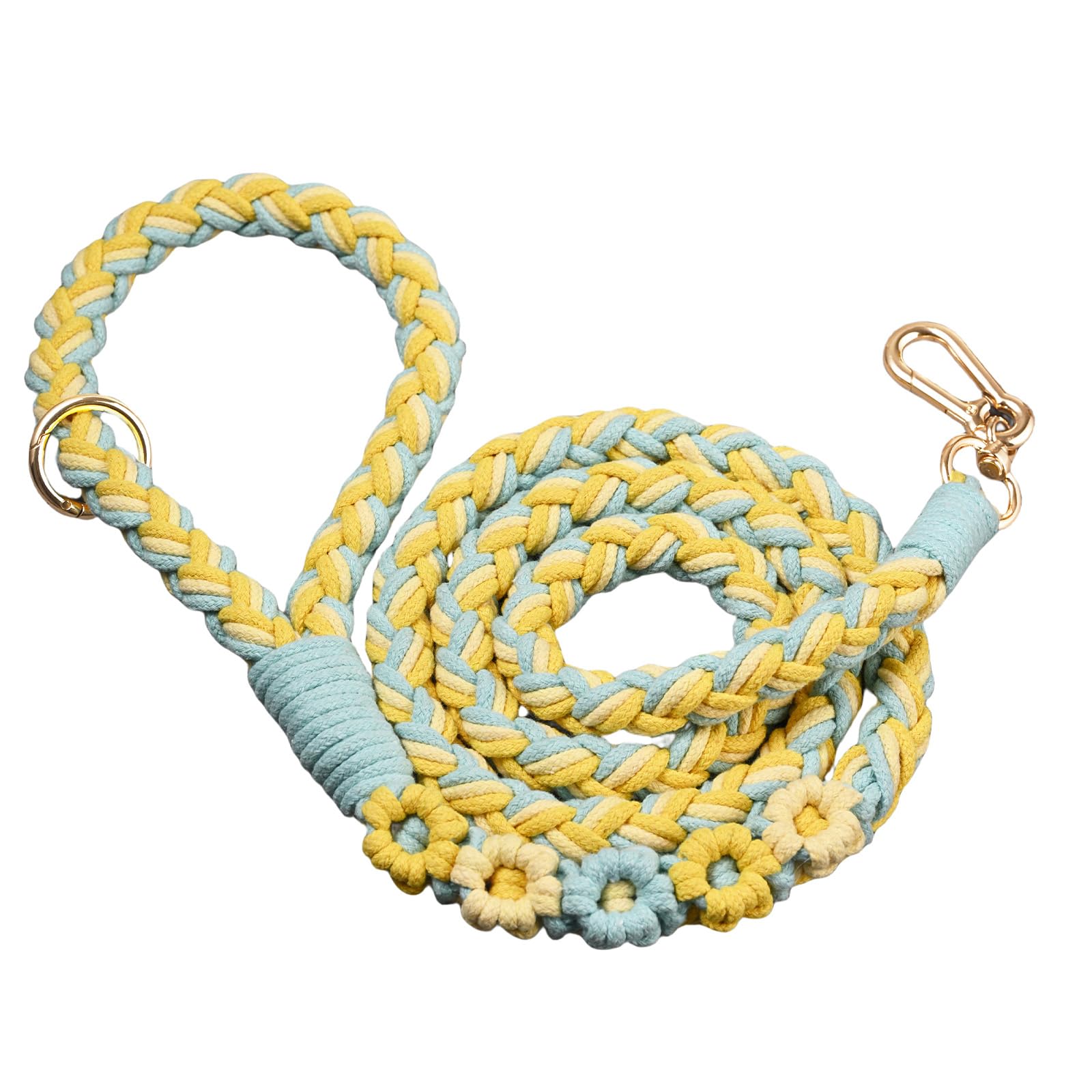 Handmade 5Ft Braided Cotton Dog Leash With Unique Floral Handle, Durable And Stylish, Ideal For Small To Large Dogs, Blue & Yell