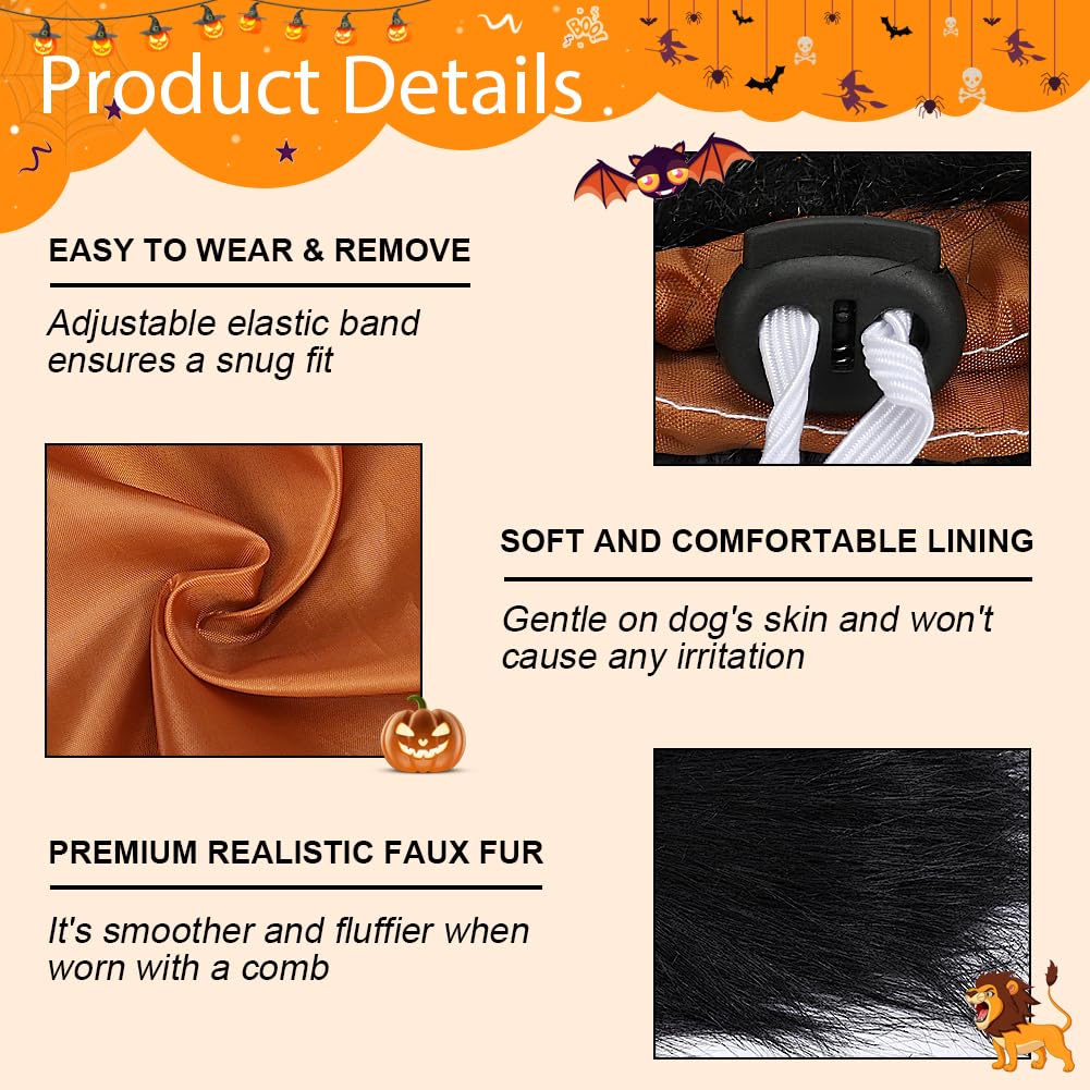 Vivifying Lion Mane Dog Costume, Adjustable Lion Wig With Faux Fur For Medium Dogs, Halloween Pet Accessory Perfect For Parties, Photoshoots, And Role-Playing (Medium, Black)