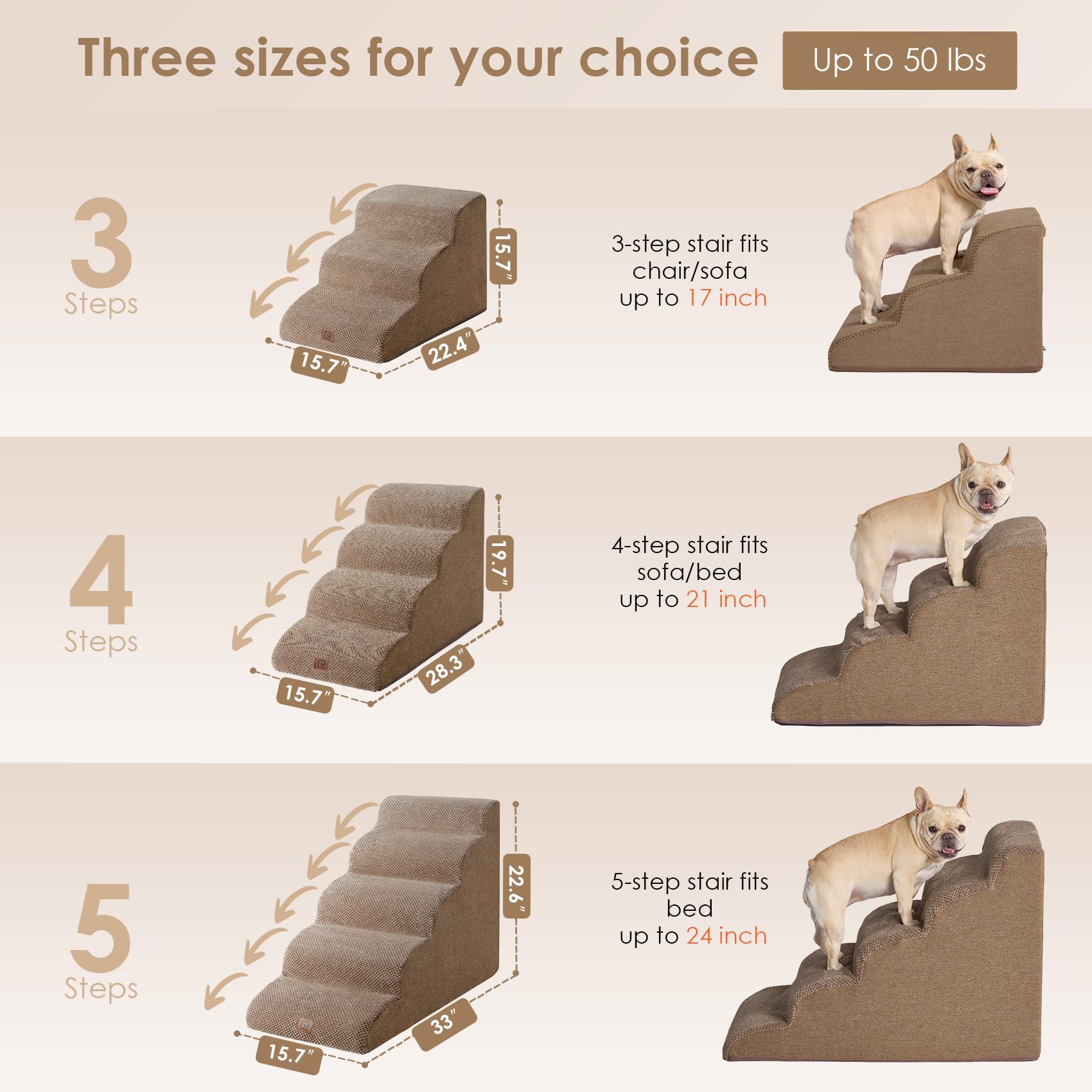 EHEYCIGA Curved Dog Stairs Ramp - 5-Step Pet Steps for High Beds, Non-Slip, Camel Color, Model ECUS23PPT10FB25FI