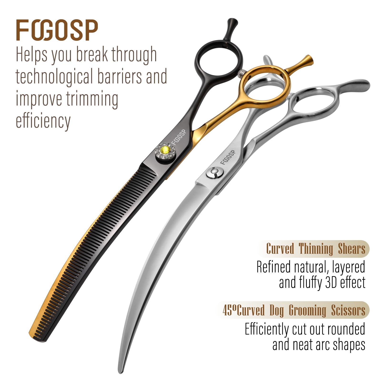 FOGOSP 45° Curved Dog Grooming Scissors, Stainless Steel, 7.5 in, Black & Gold, Thinning Shears Combo - Model FOBC+QFMD-B