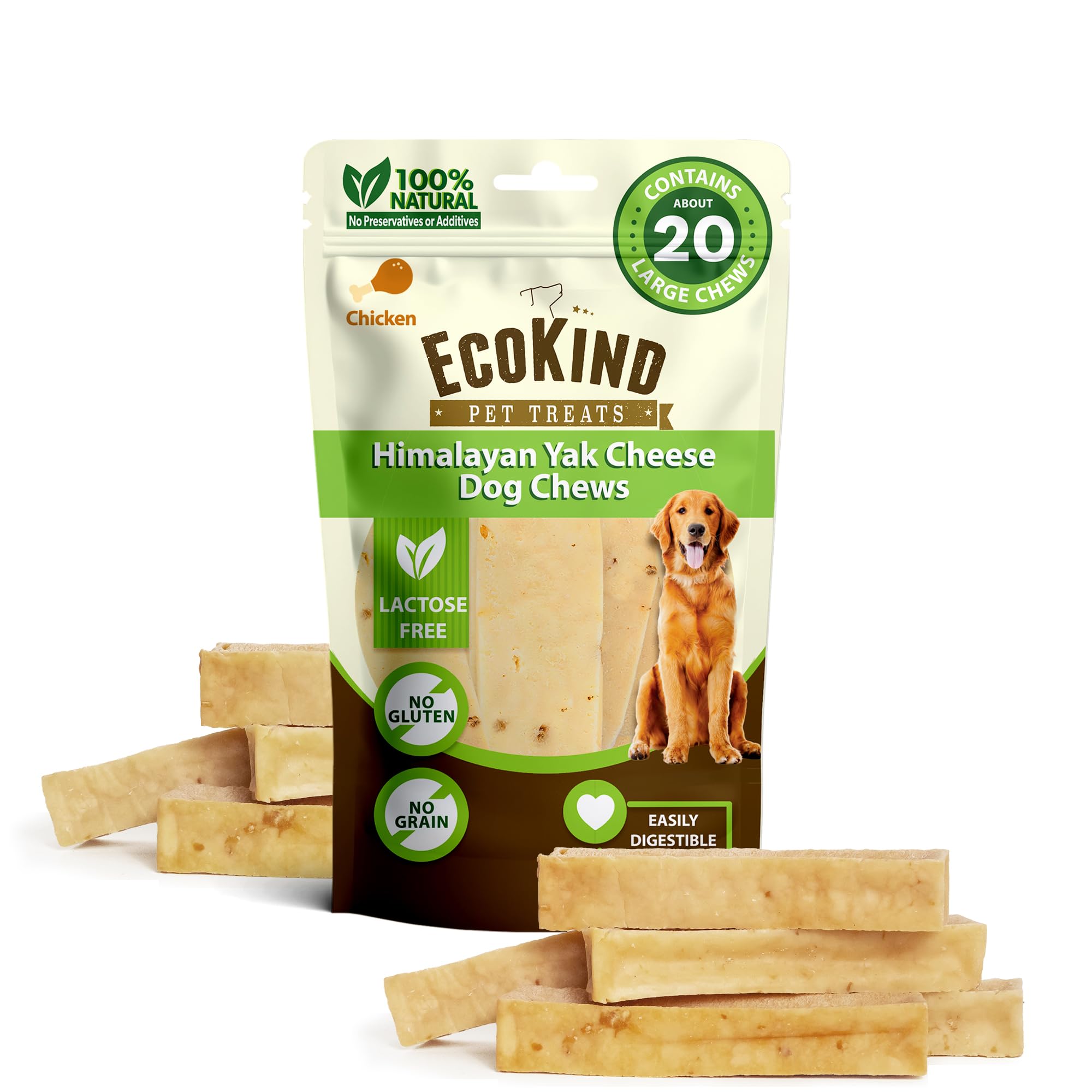 EcoKind Premium Gold Yak Cheese Himalayan Dog Chews, Dog Treats Large Breed, All Natural, High Protein Dog Chew, Chicken, Large 