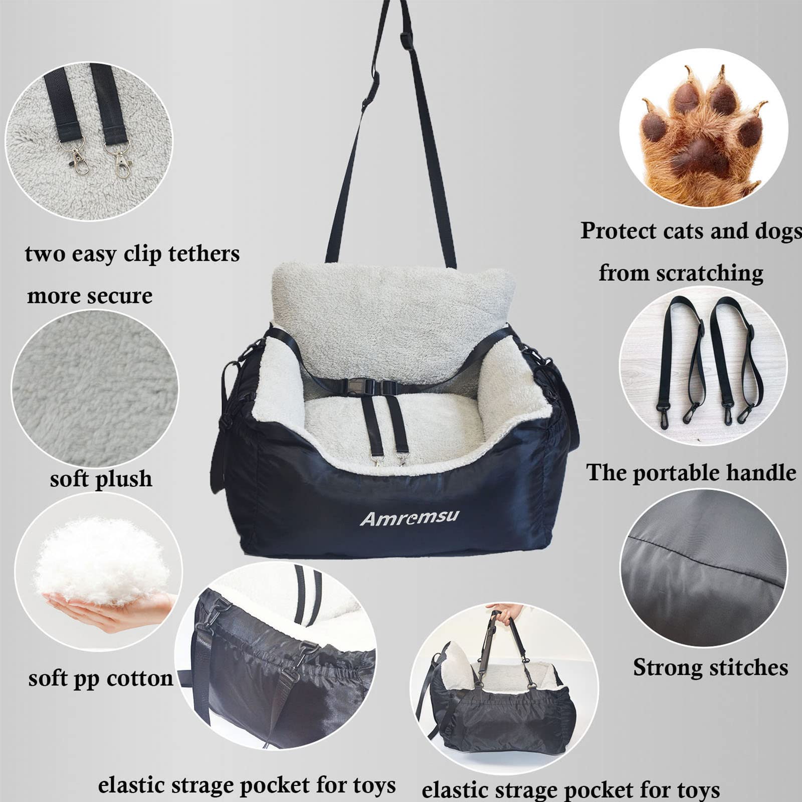 Small Dogs Car Seat,Fully Detachable And Washable Ultra Soft Car Travel Bed, With Clip-On,Two Portable Handle And Storage Pockets Puppy Dog Booster Seats,Portable Dogcar Travel Carrier Bed