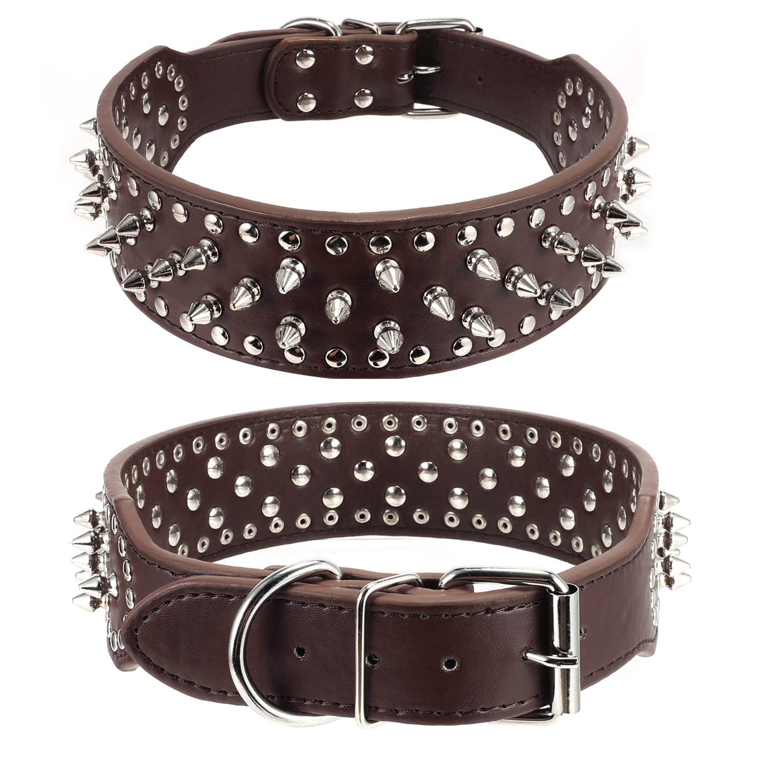 Hoot Pu Leather Adjustable Spiked Studded Dog Collar 2 Wide 43 Spikes (L(Neck 21-24), Dark Brown)
