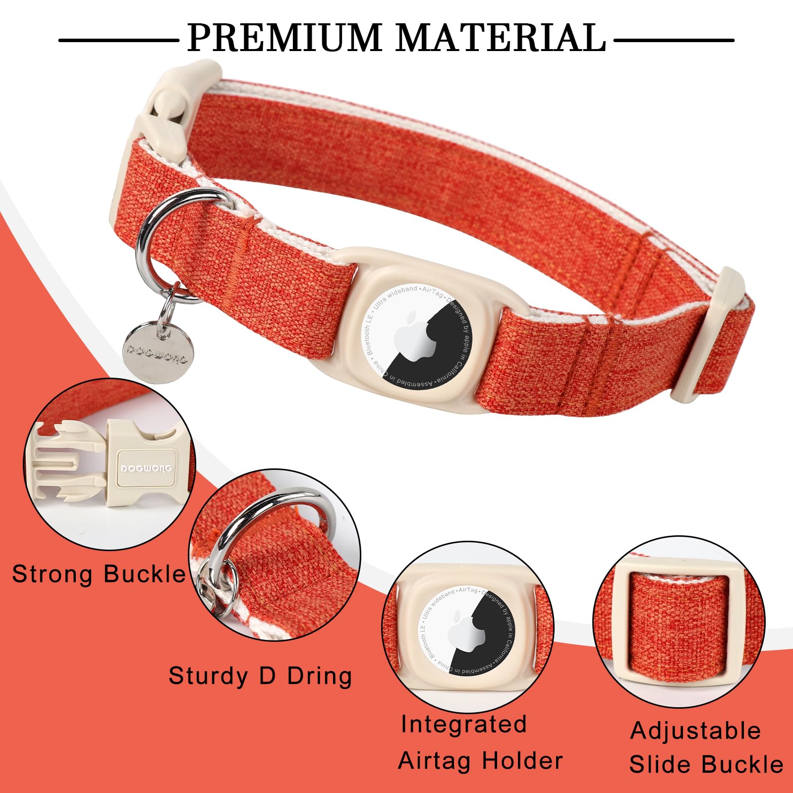 Dogwong Airtag Cotton Hemp Dog Collar, Heavy-Duty With Airtag Holder, Fall Orange, Natural Fabric, Cute Puppy Necklace For Small