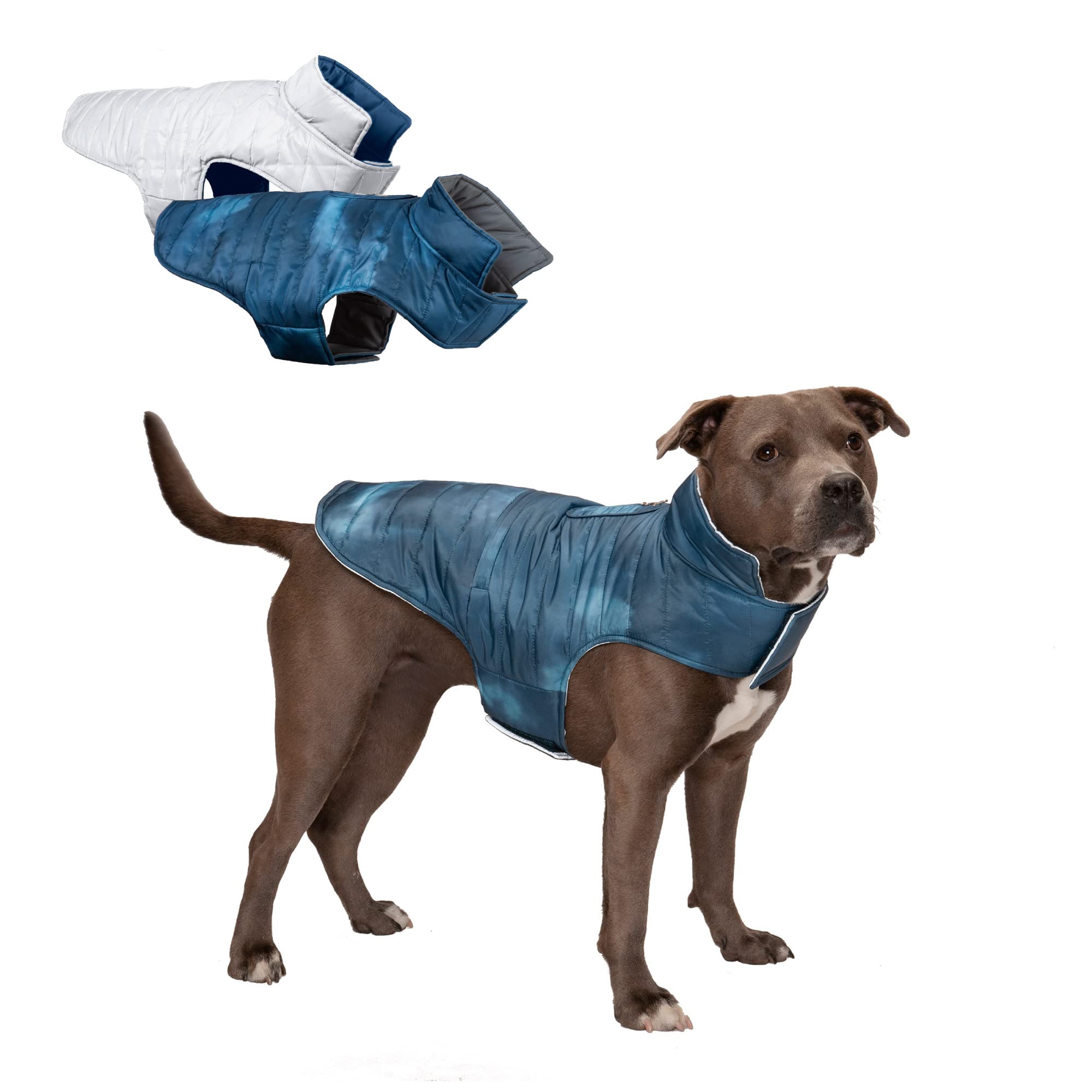 Furhaven Water-Repellent & Reversible Medium Dog Coat, Washable & Reflective w/ Leash Access, Pocket, & Carry-On Purse - Puffer 