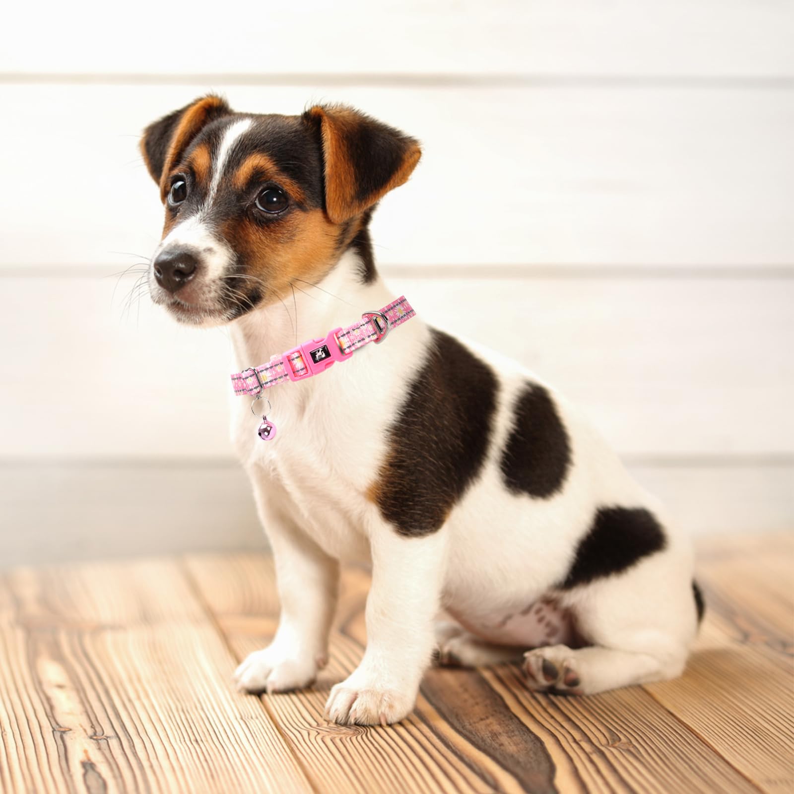 Small Dog Collar With Bell - Cute Pink Daisy Design Reflective Nylon For Puppy Collar,Adjustable & Durable For Puppies, Night Sa