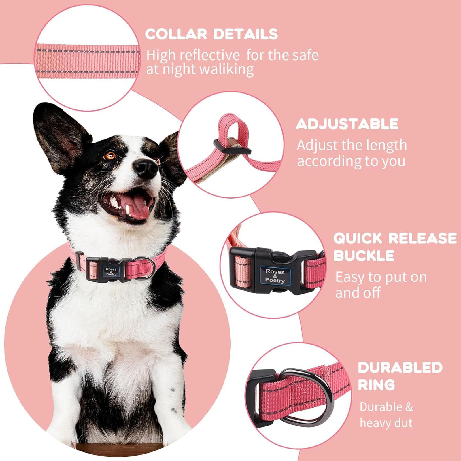 Roses&Poetry Pink Dog Collar For Female Dogs Reflective With Pink Gradient Color, Adjustable Xsmall Puppy Collars Tiny For Small