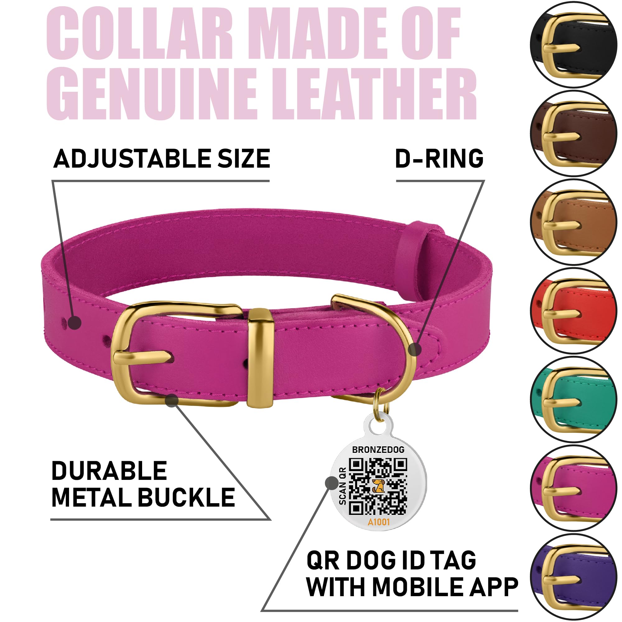 Bronzedog Leather Dog Collar With Metal Buckle Durable Basic Pet Collars For Small Medium Large Dogs (14-17 Inch (Pack Of 1), Pink & Gold Buckle)