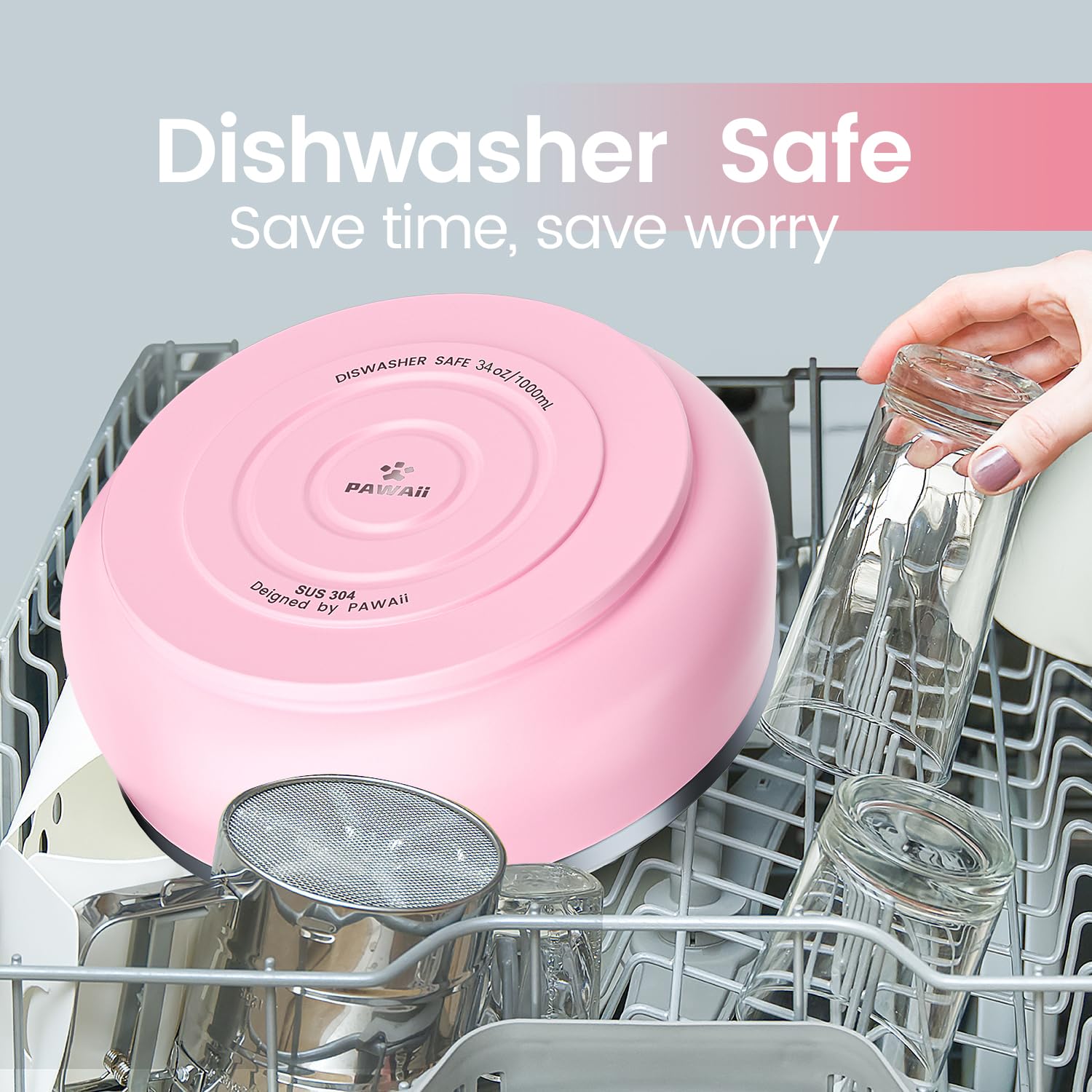 Pawaii Stainless Steel Dog Bowl - 34oz, Durable, Non-Slip Rubber Base, Sakura Pink, Dishwasher Safe, Double Wall Insulation
