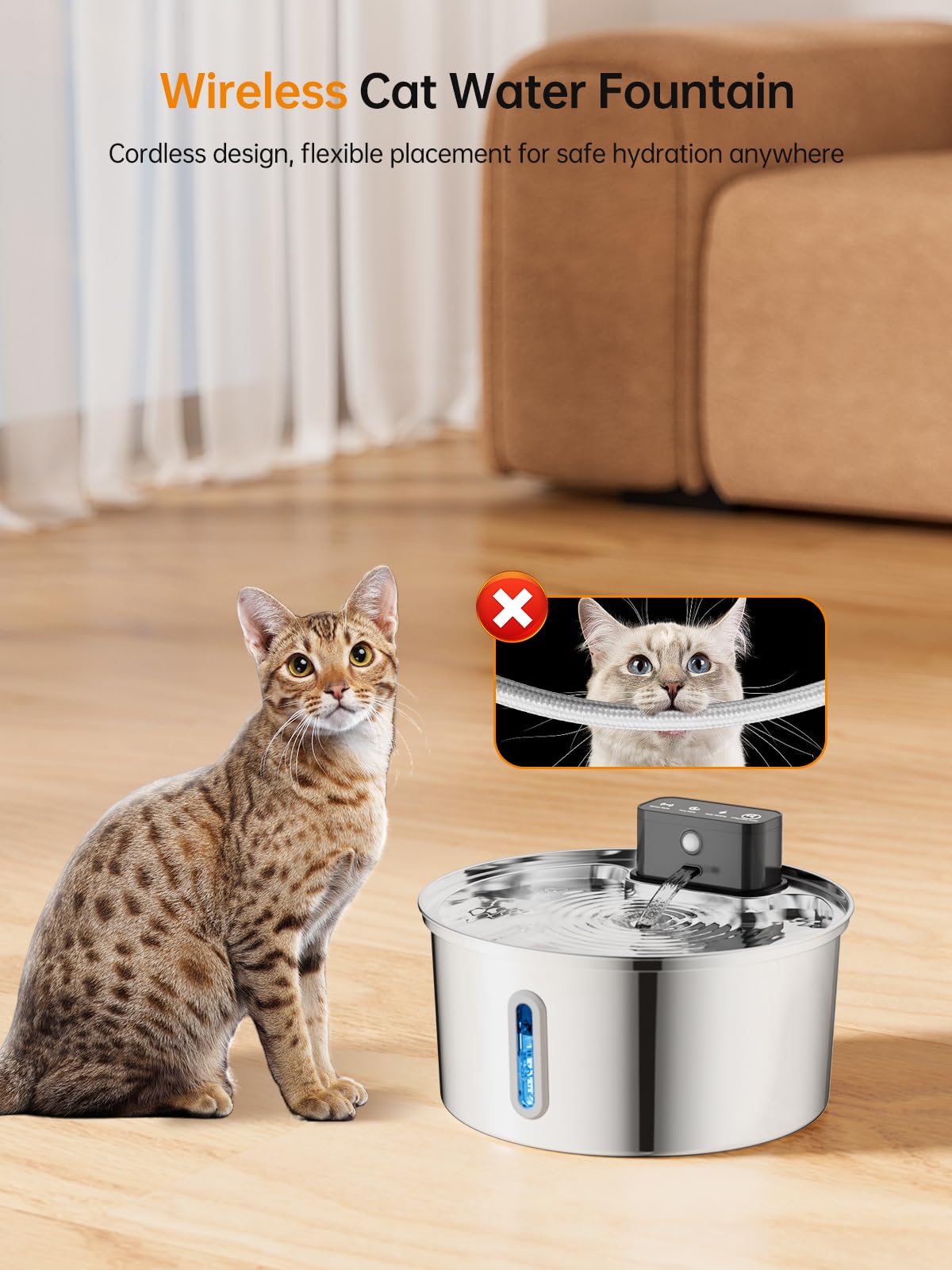 Qzkragt Wireless Cat Water Fountain, Stainless Steel, 3.2L, Model 311-A, Battery Operated with Motion Sensor for Cats and Dogs