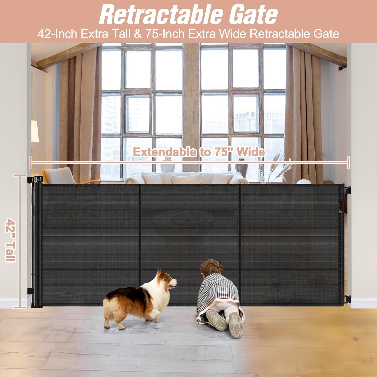 Reinforced 42 Tall x 75 Wide Retractable Baby Gate with Support Rods - Prevents Crawling Under Extra Tall Pet Gate Indoor Mesh G