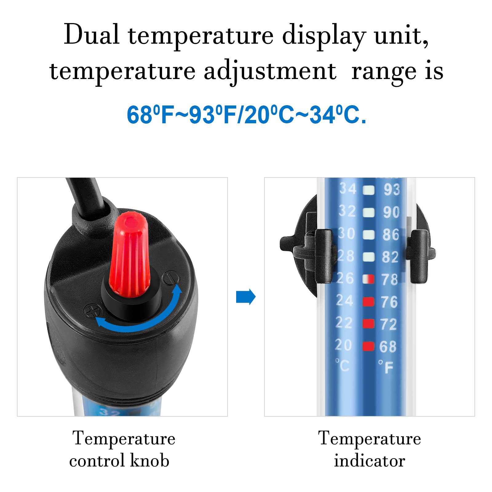 HITOP 100W Adjustable Aquarium Heater, Submersible Glass Water Heater for 5-70 Gallon Fish Tank, Model HP-608