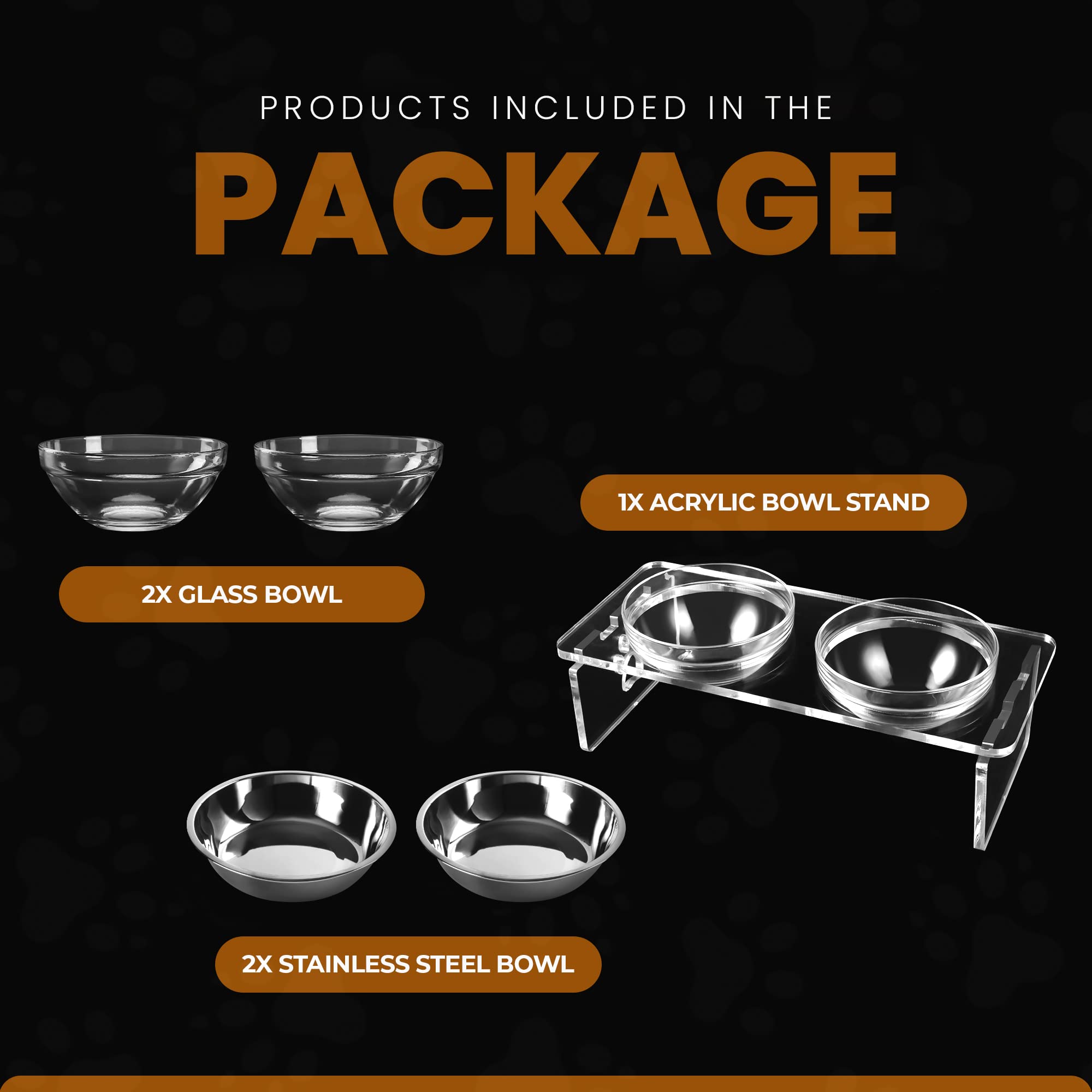 Dog and Cat Bowls Elevated Set - Acrylic Feeder Stand with 2 Set Removable Stainless Steel and Glass Bowls Food and Water Raised
