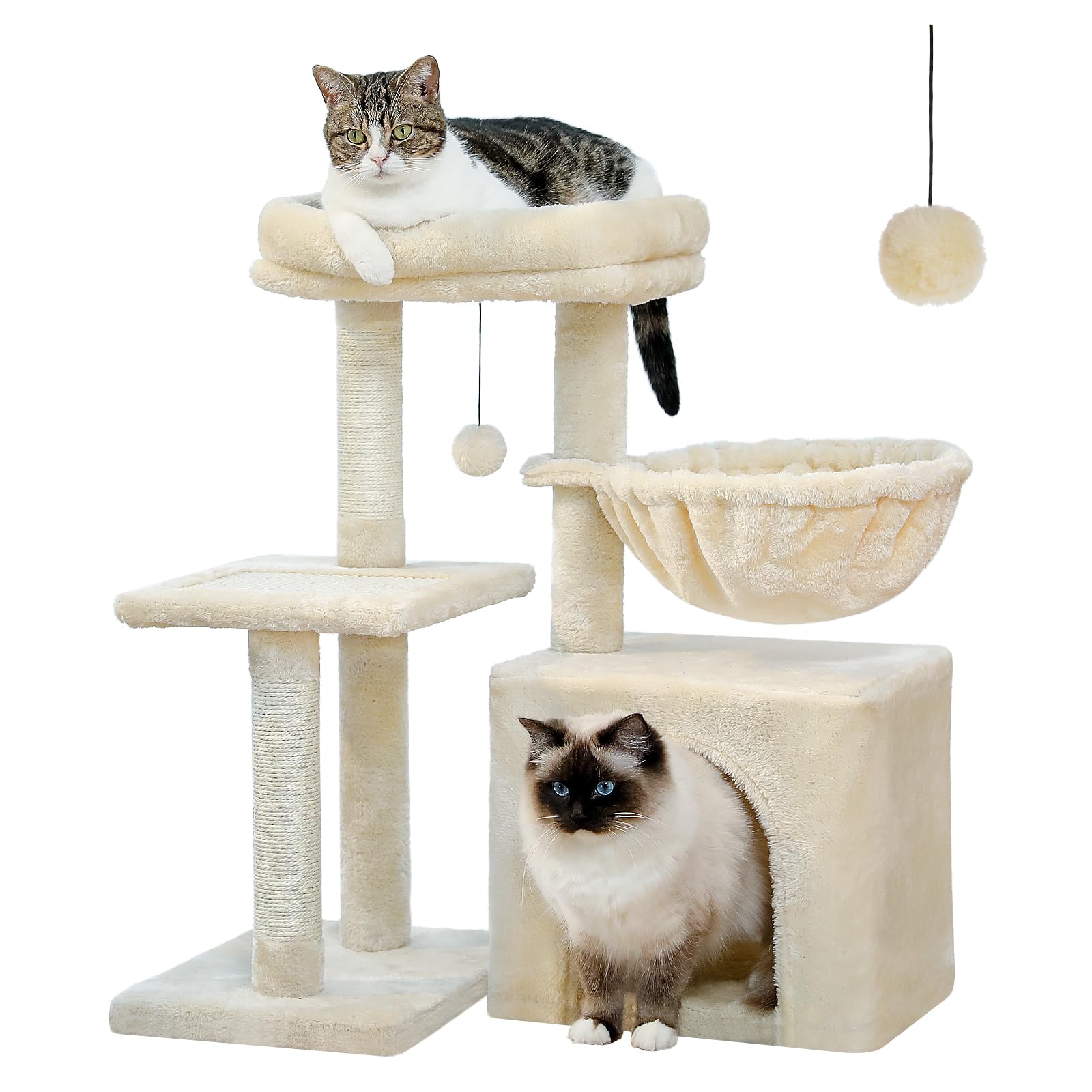 Pequlti Small Cat Tree, [28.5''] Cat Tower For Indoor Cats, 2 Styles Cat Activity Tree With Cat Scratching Posts, Big Hammock And Removable Top Perch Beige