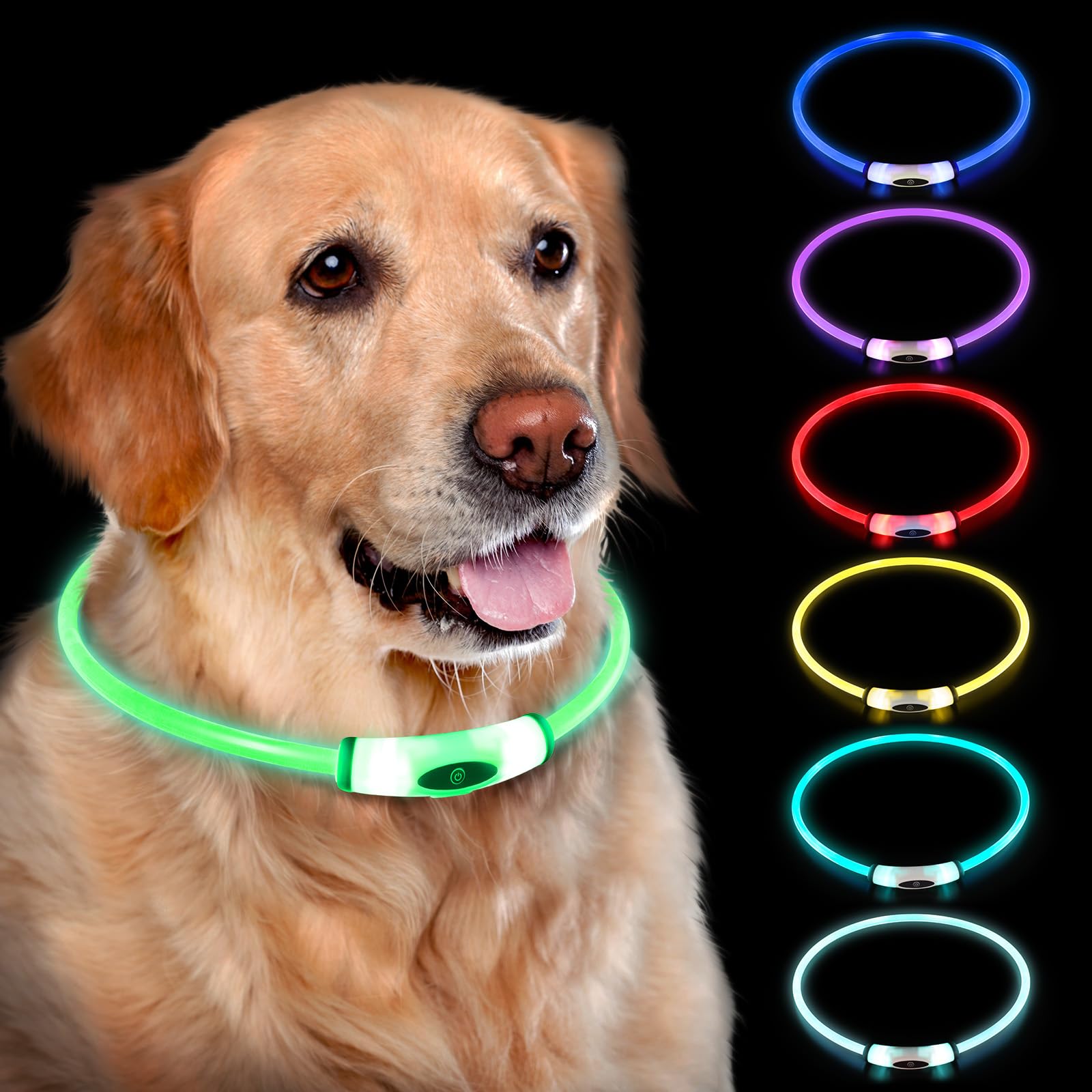 Novkin Lighted Dog Collar, Rechargeable 7 Colors Changing Light Up Dog Collar, Ip67 Waterproof Led Collar Glow In The Dark, Make