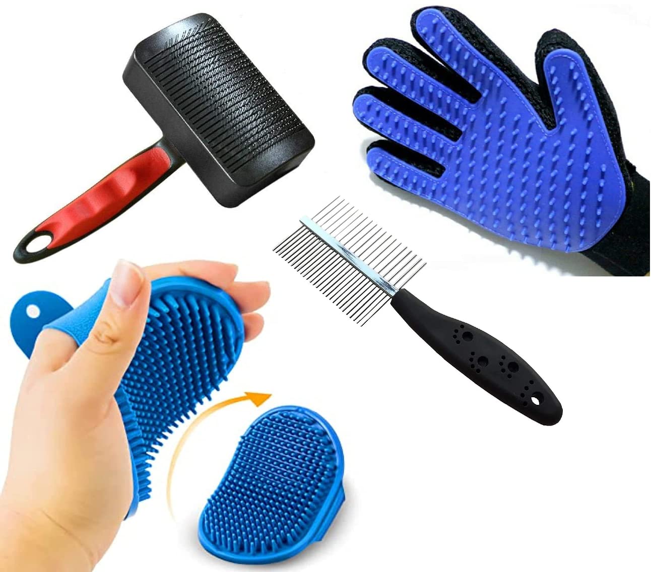 RvPaws Pet Grooming Combo Of  4  Plastic Auto Slicker Self Cleaning Hair Brush Double Side Paw Print Handle Comb and Stainless
