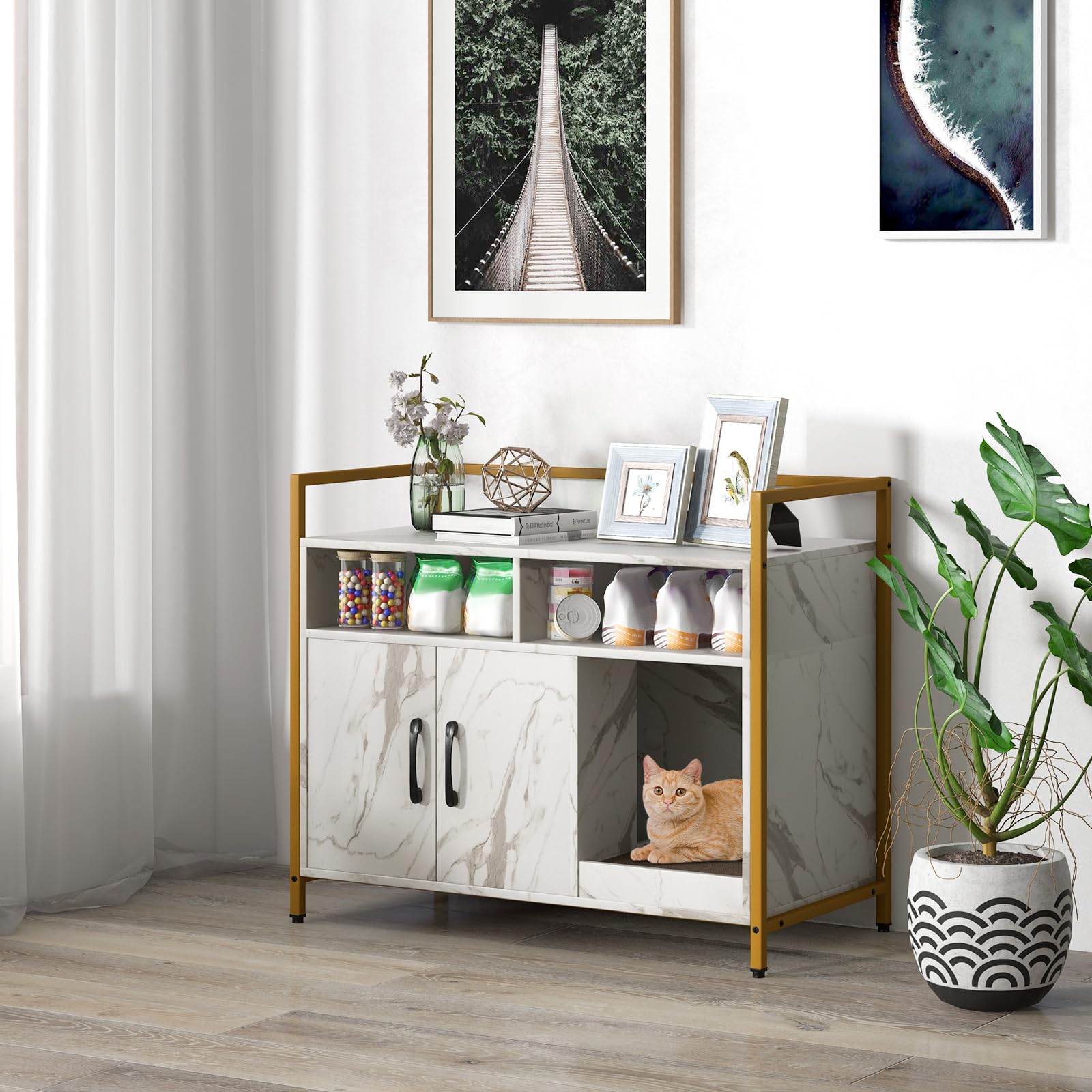 Giantex Cat Litter Box Enclosure - Cat Washroom Hidden Furniture with Front Entry, Scratcher, 2-Door Storage Cabinet, 2 Compartm