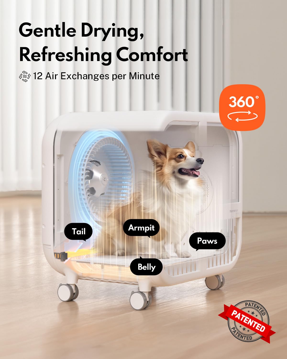 Homerunpet Drybo Ultra Pet Dryer Box - Ultra Quiet, Smart Temperature Control, 360 Efficient, 4 Locking Swivel Casters For Dogs,