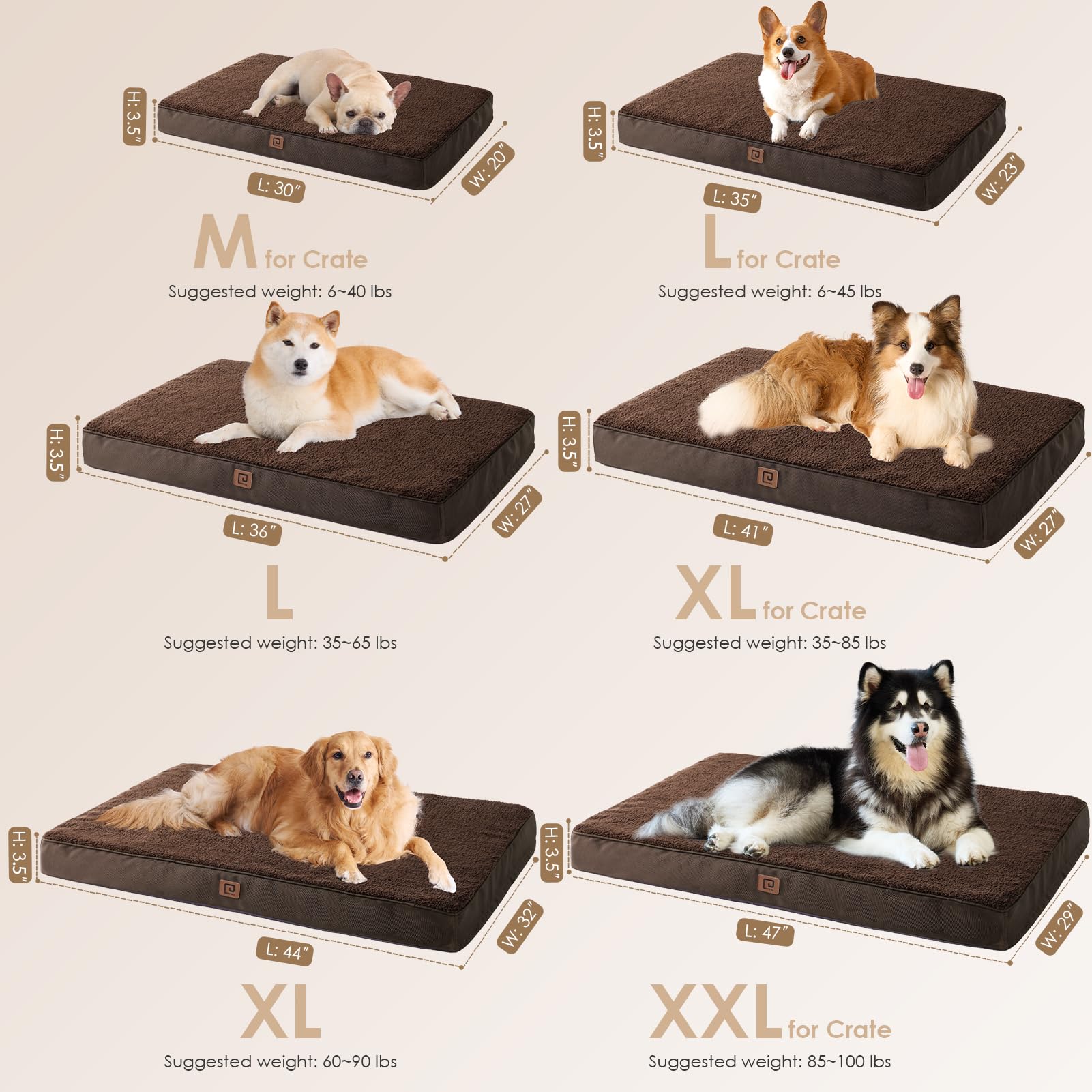 Eheyciga Orthopedic Foam Dog Bed For Large Dogs, 35'L X 23'W X 3.5'Th, Brown