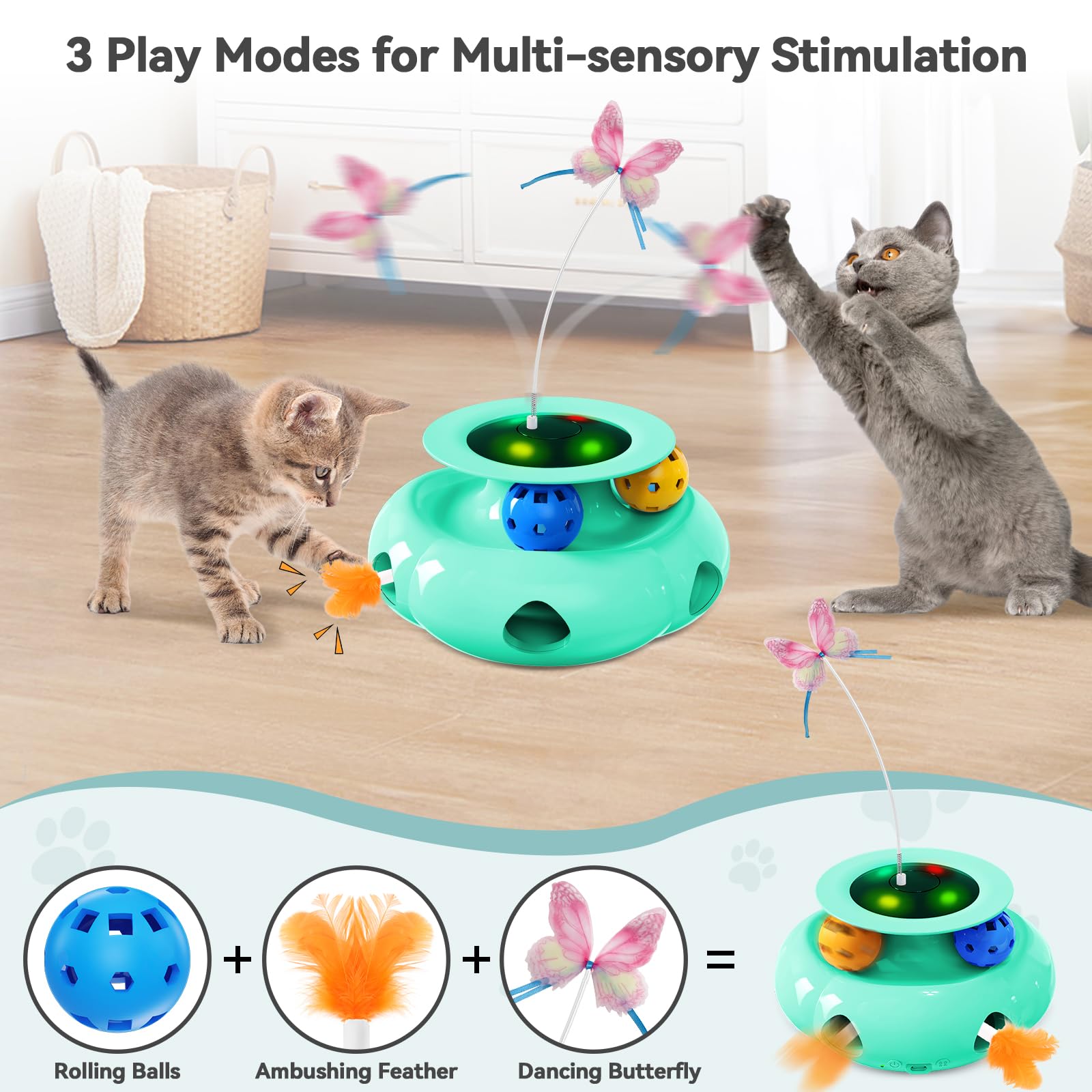 Xuyub Interactive 3in1 Cat Toy - Rechargeable Whack a Mole, Fluttering Butterfly, Track Balls, Green, Model OK007G