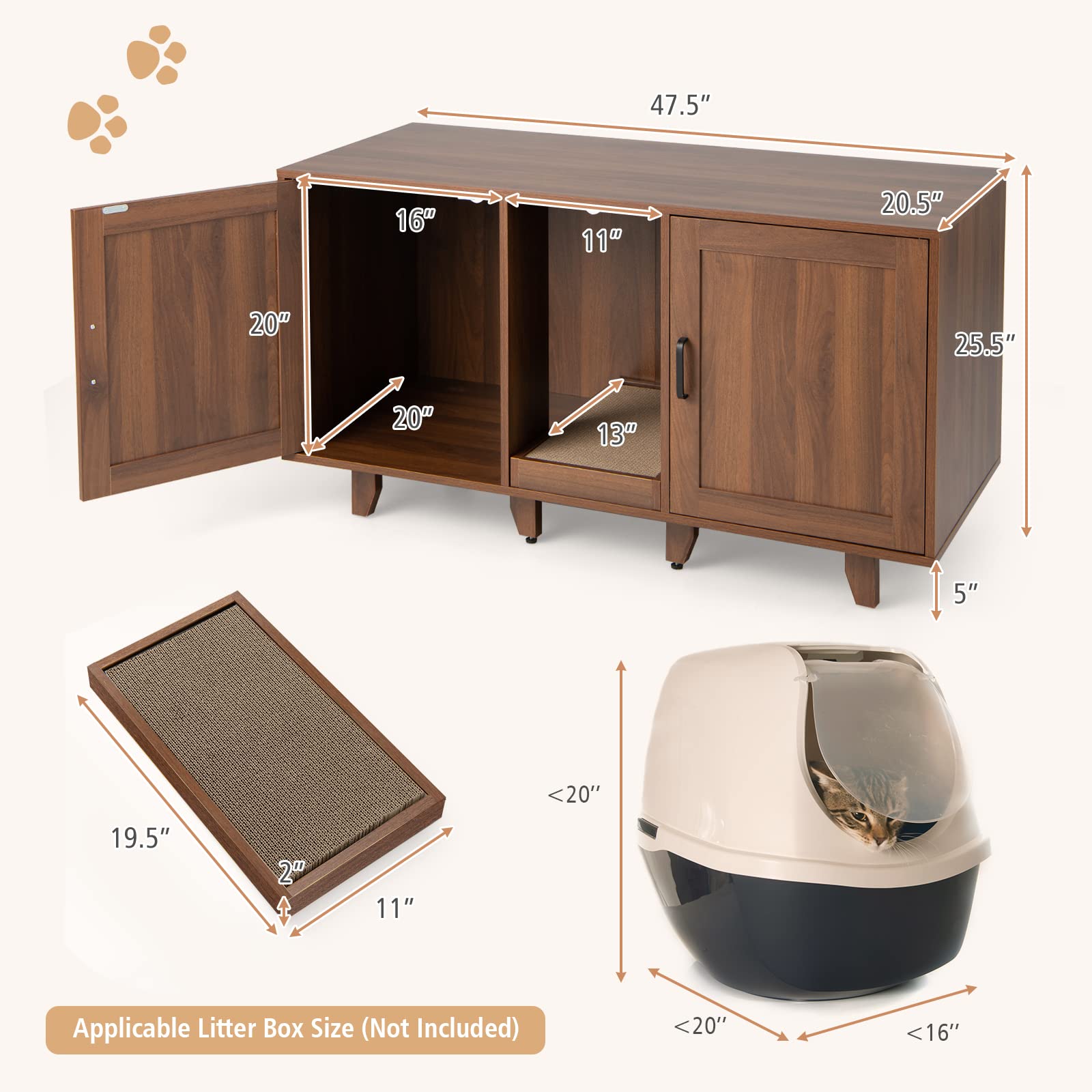Tangkula Double Cat Litter Box Enclosure For 2 Cats, Large Stackable Hidden Privacy Cat Washroom Cabinet With Scratching Board, Indoor Cat House Tv Stand Side Table, Litter Box Furniture (Brown)