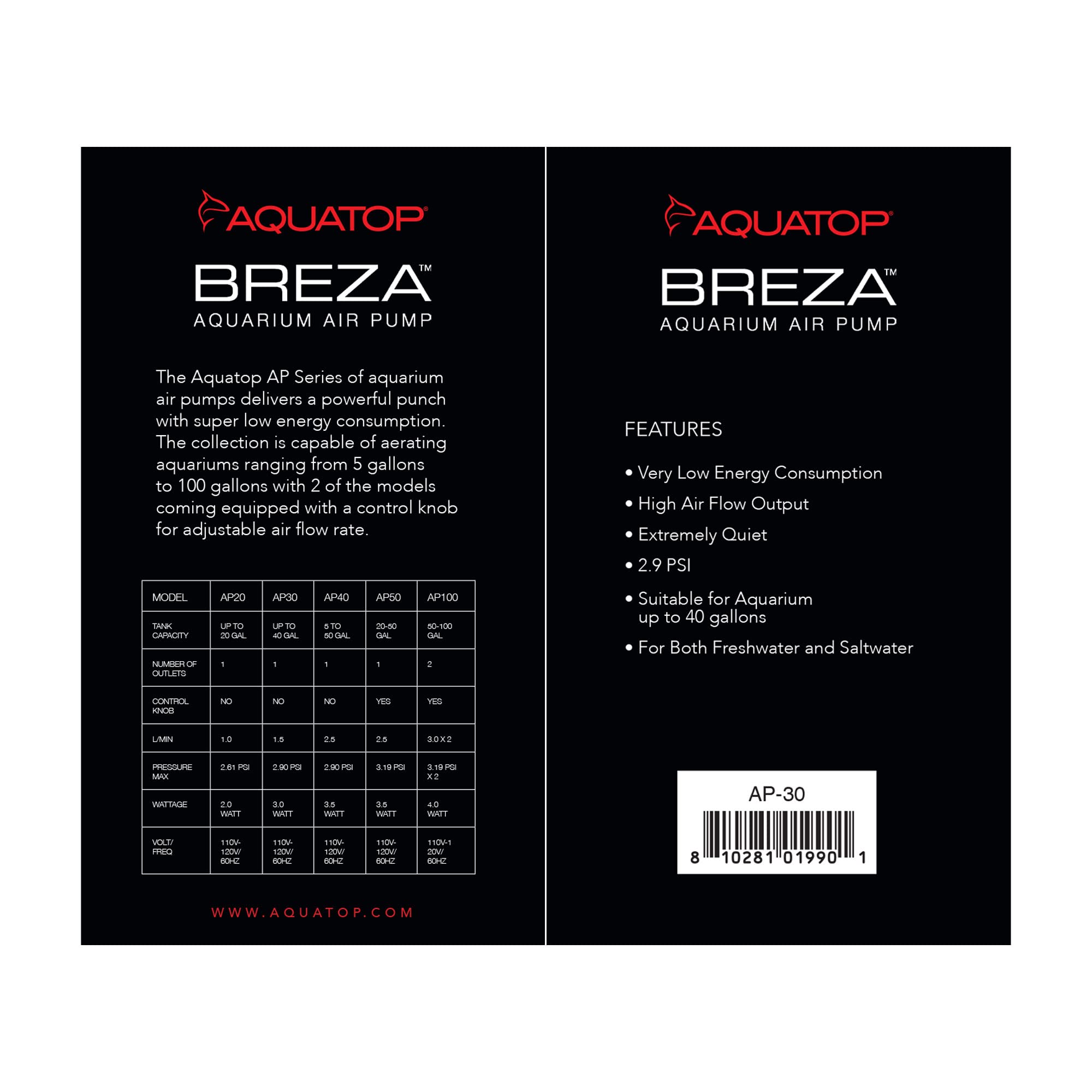 Aquatop Breza Aquarium Air Pump Single Outlet, Super Quiet, up to 40 Gal Fish Tank, AP-30