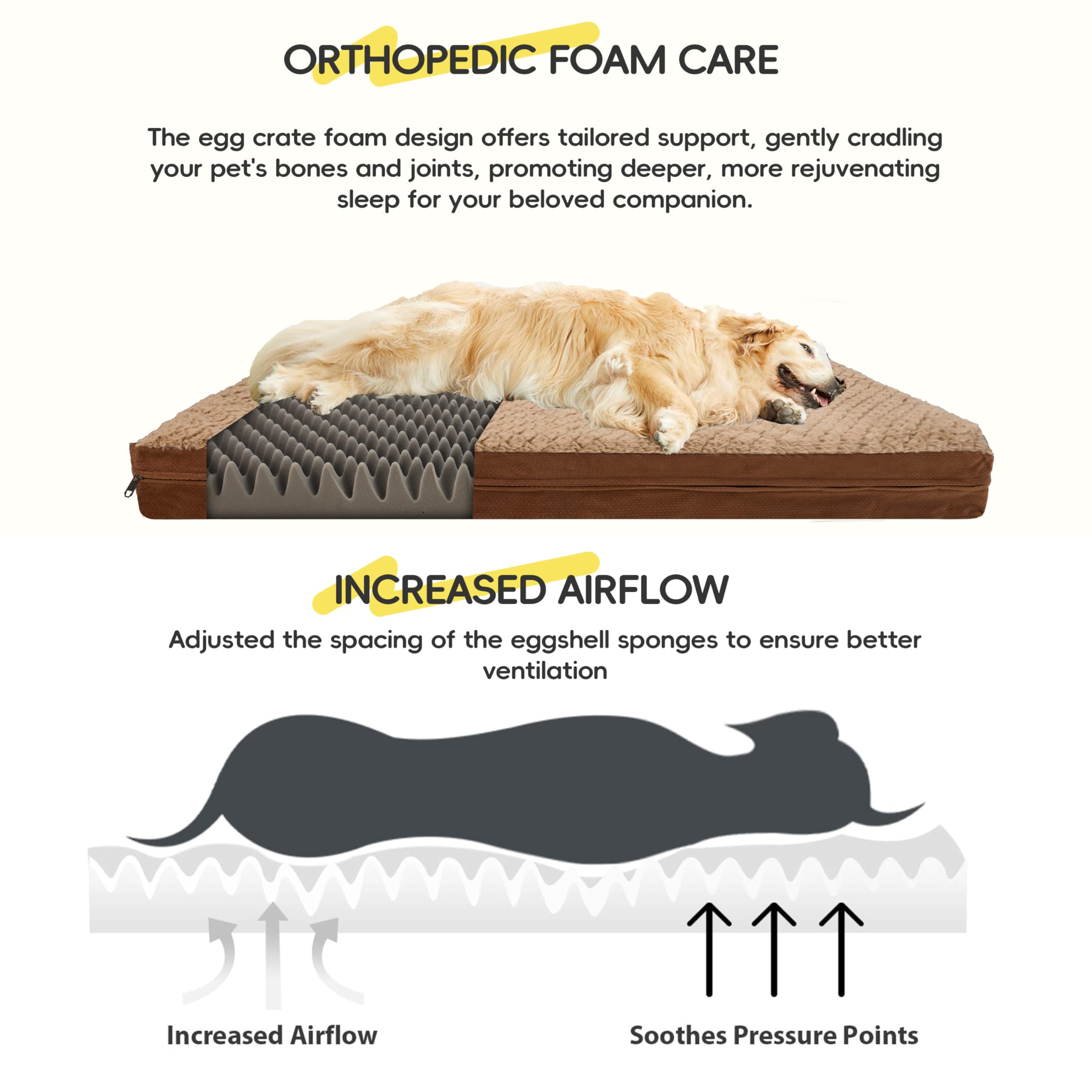 Reversible Waterproof Dog Bed For Crate, Extra Large, Washable Cover, Egg Crate Foam, Standard Size For Dogs Up To 90 Lbs, Brown