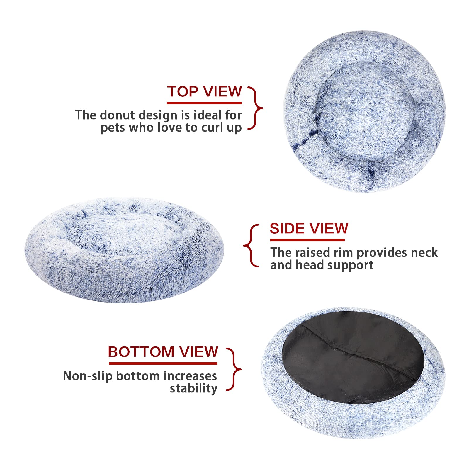 Bedfolks Calming Donut Dog Bed - 36" Plush, Anti-Anxiety, Faux Fur, Navy Blue for Large Dogs