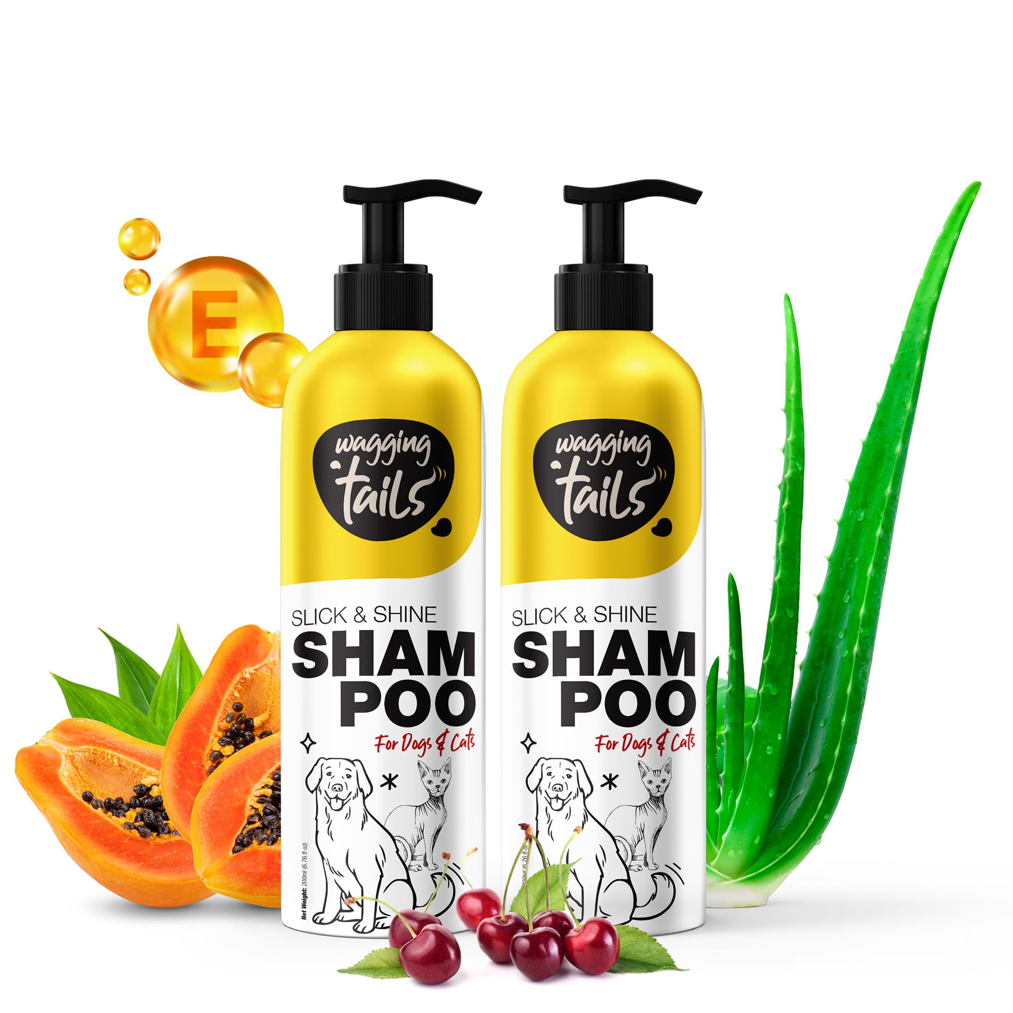 Wagging Tails Slick & Shine 5 In 1 Pet Shampoo-200Ml-Pack Of 2 | Deodorize & Moisturise The Skin | Remove Dirt | Help To Repair 