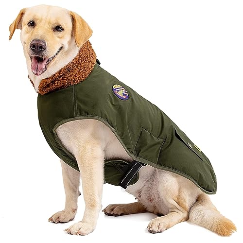 IREENUO Dog Coat - Waterproof Jacket for Medium Large Dogs, Cozy Cotton Fur Nylon, 3XL, Green, Model JX-DE-DOG FLIGHT SUIT