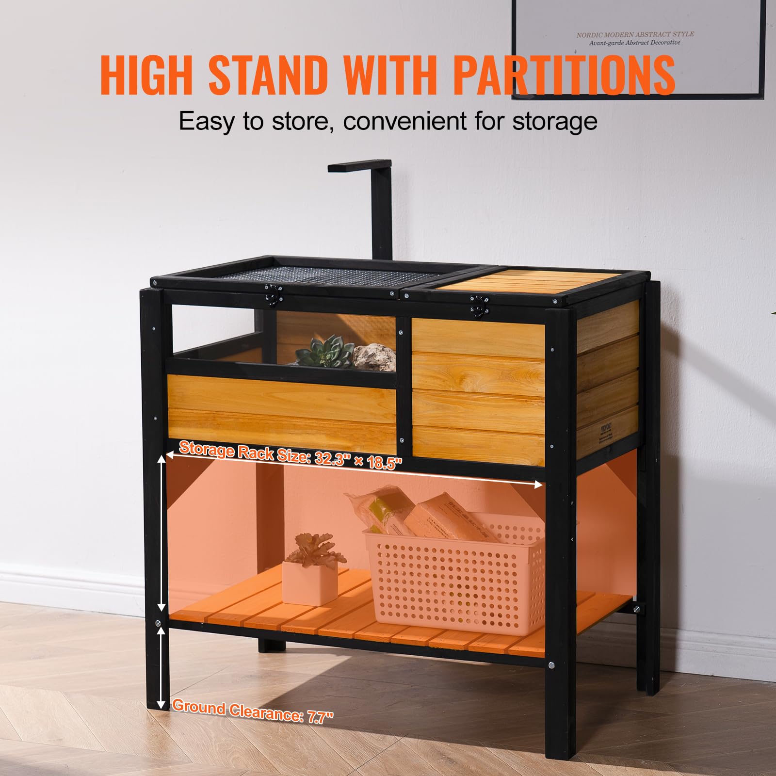 VEVOR Tortoise Habitat - Cedar Wooden Enclosure with Light Stand, 33"x19.7"x32.5", Indoor & Outdoor Use, Model MSH-T03, Wood + Black