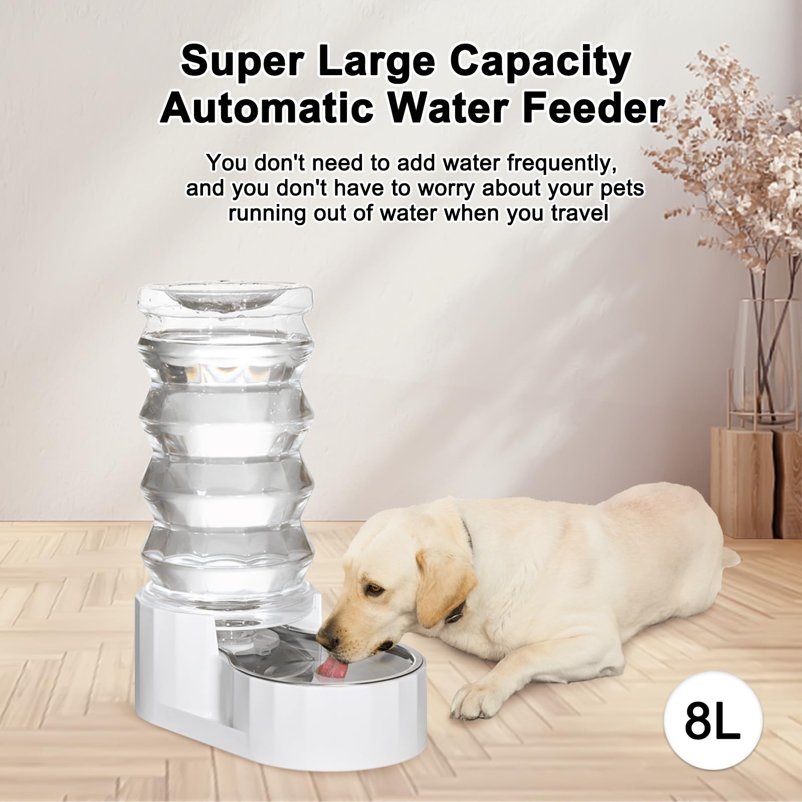 Rizzari Upgraded 8L Automatic Gravity Dog Water Bowl Dispenser, 100% Bpa-Free, Stainless Steel Cat Water Dispenser, Large Capacity Water Dispenser With Two Caps And Filters (Pure White,8L)
