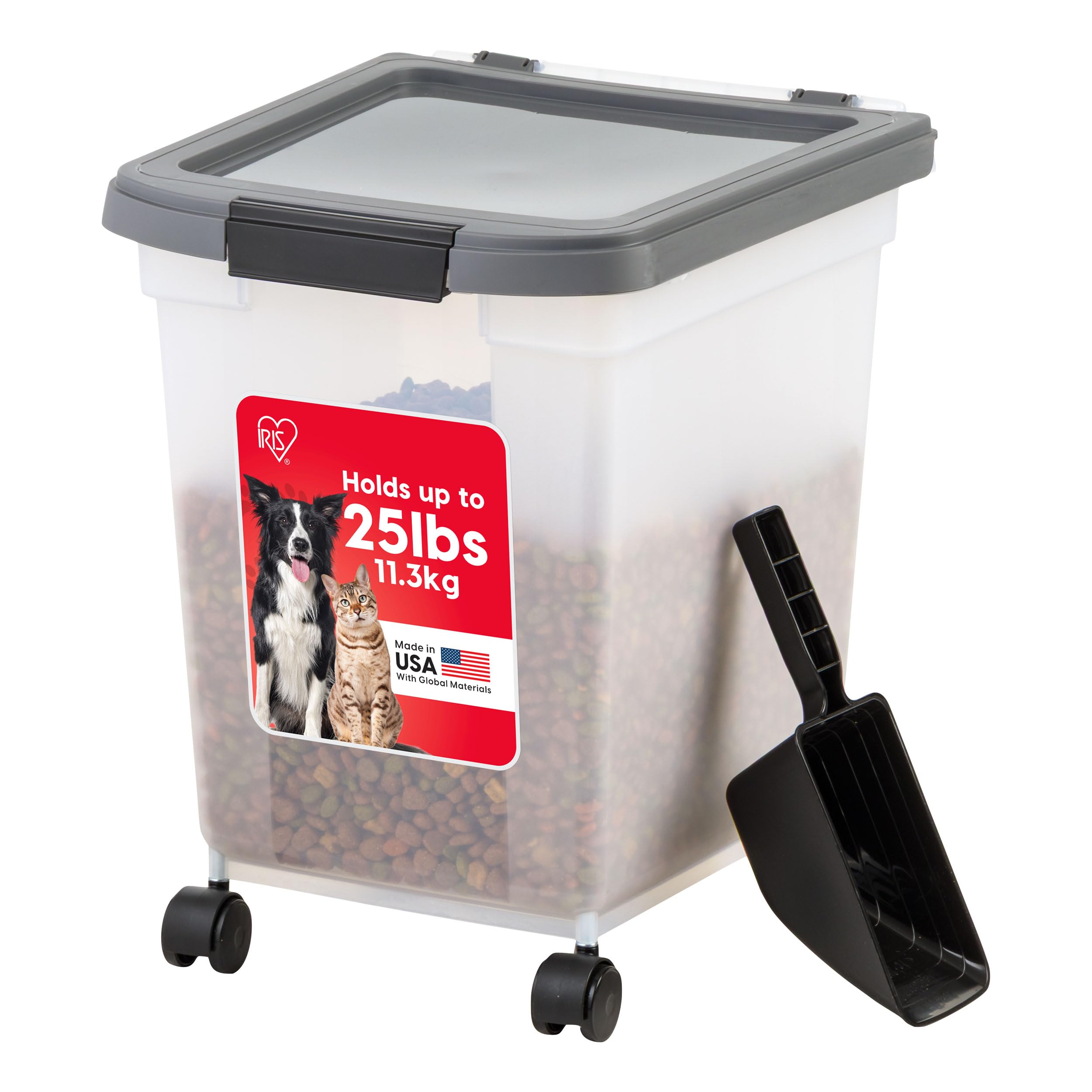 IRIS USA Airtight Dog Food Storage Container 25 lbs, Removable Wheels, for Dog Cat Bird and Other Pets, Food Storage Bin, Keep F