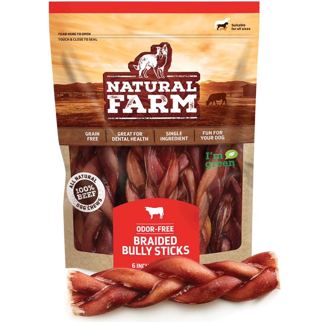 Natural Farm Odor-Free Braided Bully Sticks (6 Inch, 5 Pack) - 100% Grass-Fed Beef, Grain-Free, Low Fat & Fully Digestible Best 