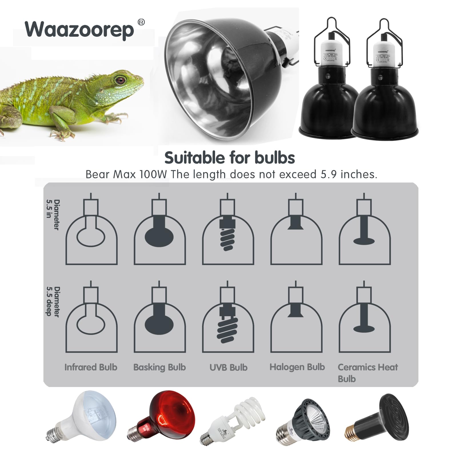 Waazoorep Reptile Light Fixture 2 Pack 5.5 Inch Deep Dome Lamp Fixture,Optical Reflection Reptile Basking Heat Bulb Lampshade Fo