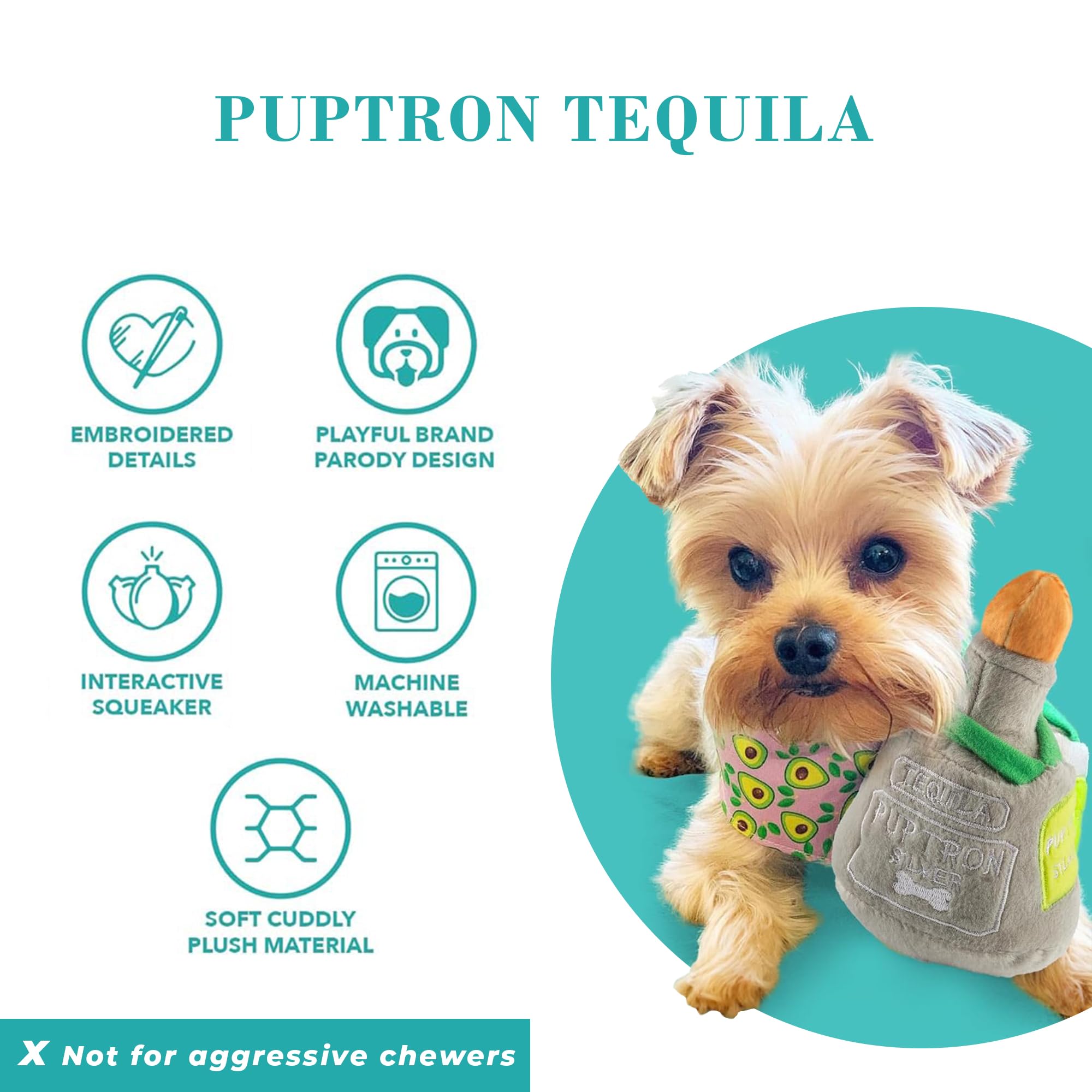 Haute Diggity Dog Puptron Tequila, Plush Designer Dog Toys With Interactive Squeaker, Stimulating Pet Enrichment, Machine-Washab