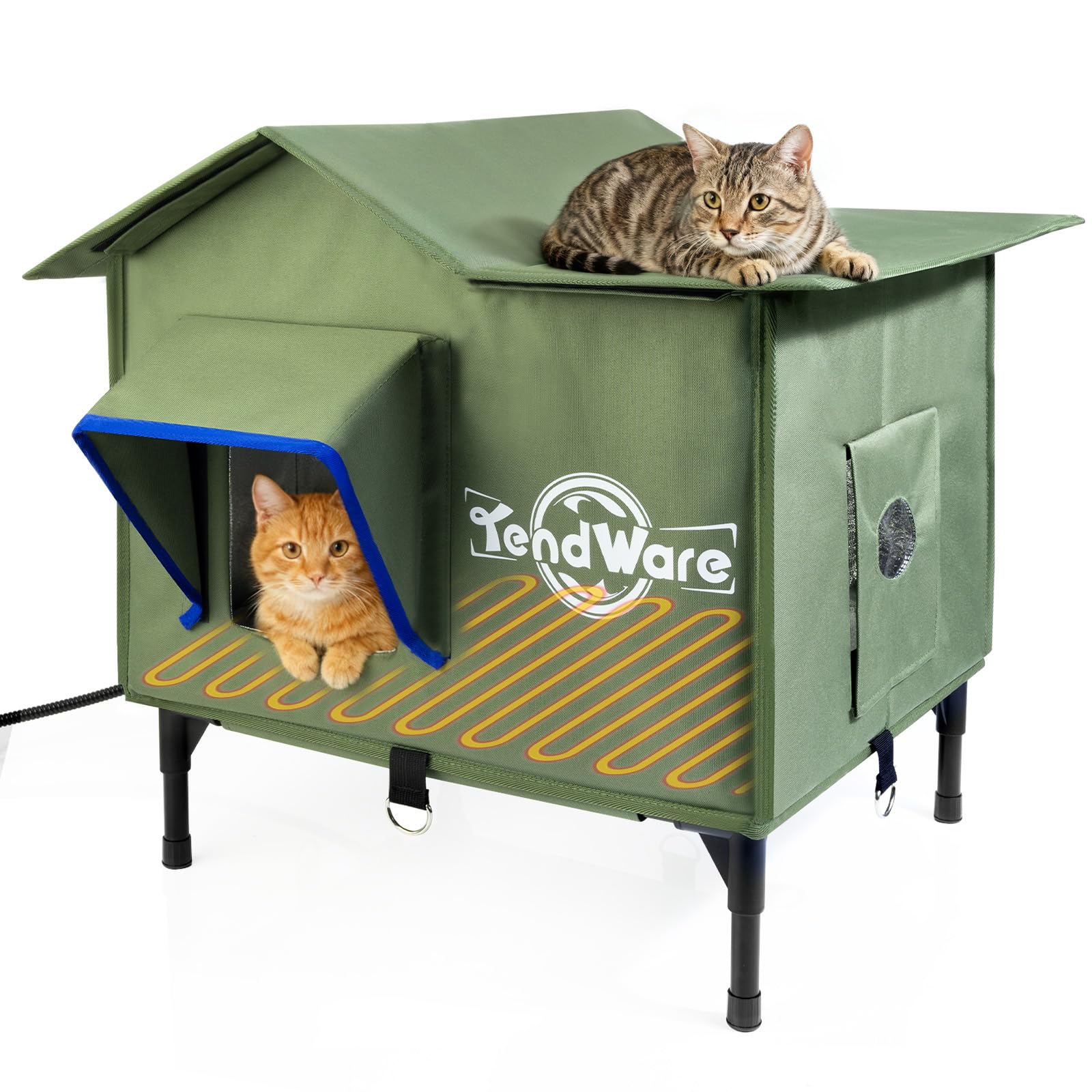 TENDWARE Outdoor Cat House Heated Cat House for Outside with Elevated Base Cat-Attracting Eave Design Feral Stray Shelter Weathe