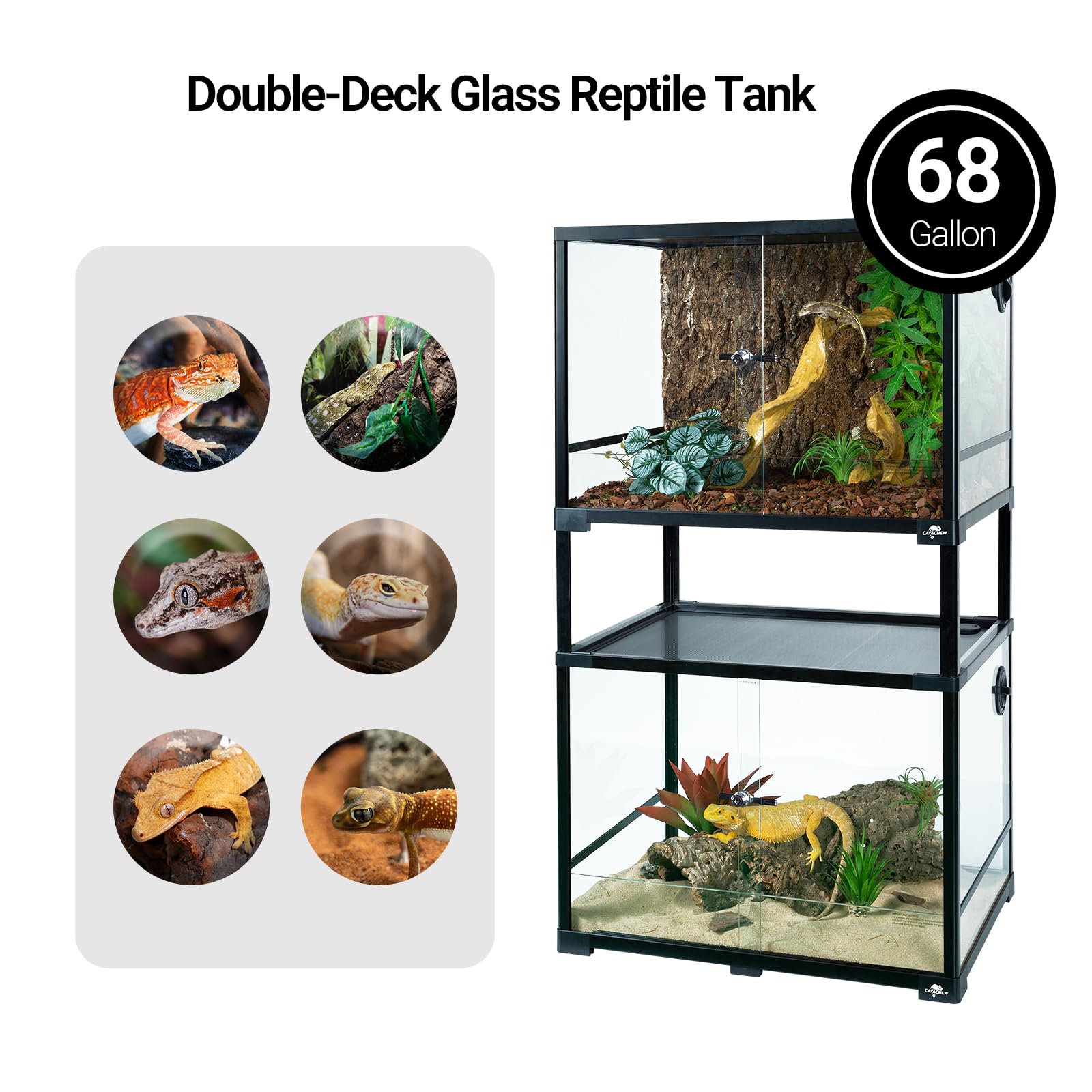 CAVACHEW Double Stacked Reptile Tank, 34 Gallon, 24" x 18" x 44", Black, Front Opening Terrarium for Bearded Dragon, Lizard