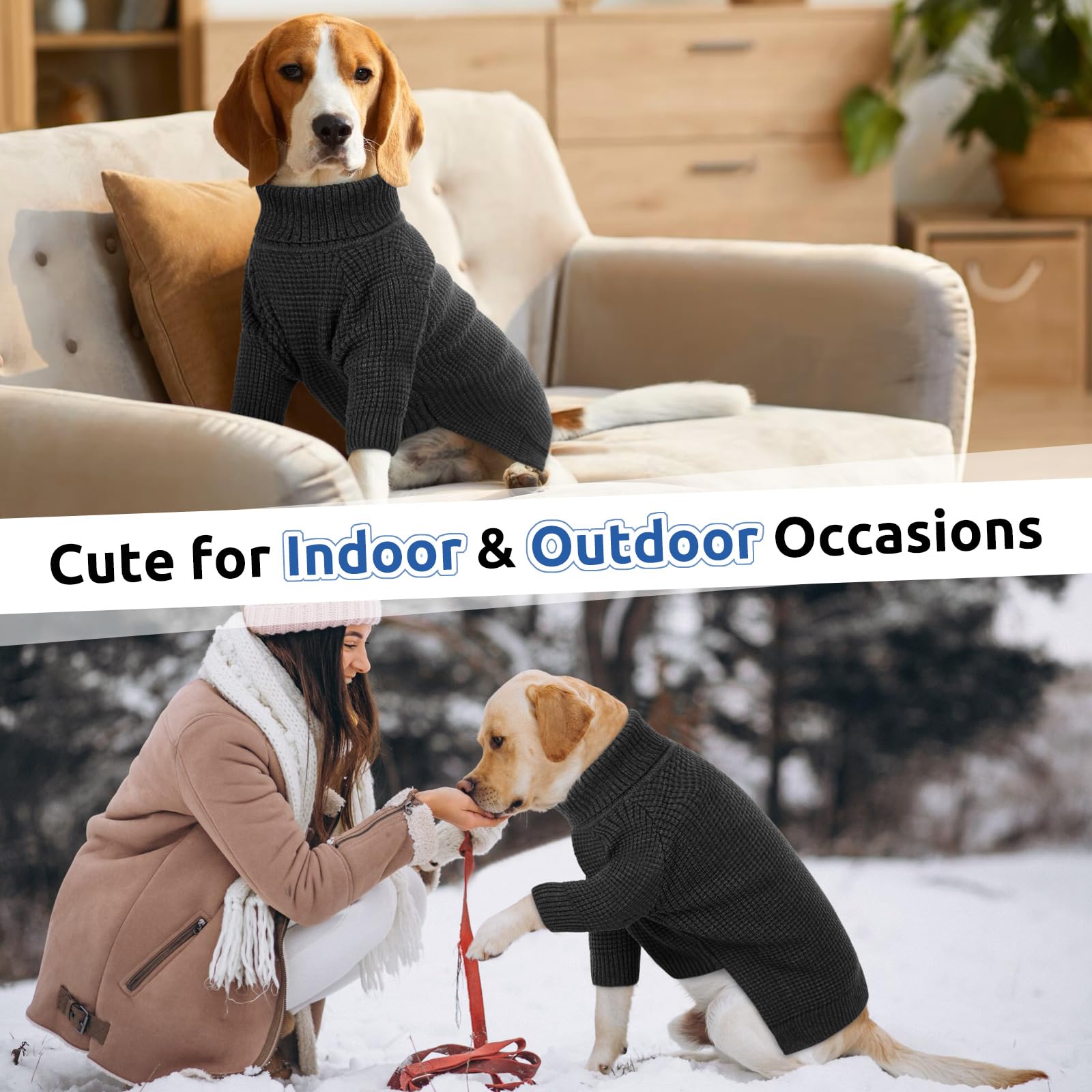Queenmore Turtleneck Long Sleeve Knitted Dog Sweater With Check Pattern, Fall Winter Warm For Small Medium Large Dogs, Solid Pul