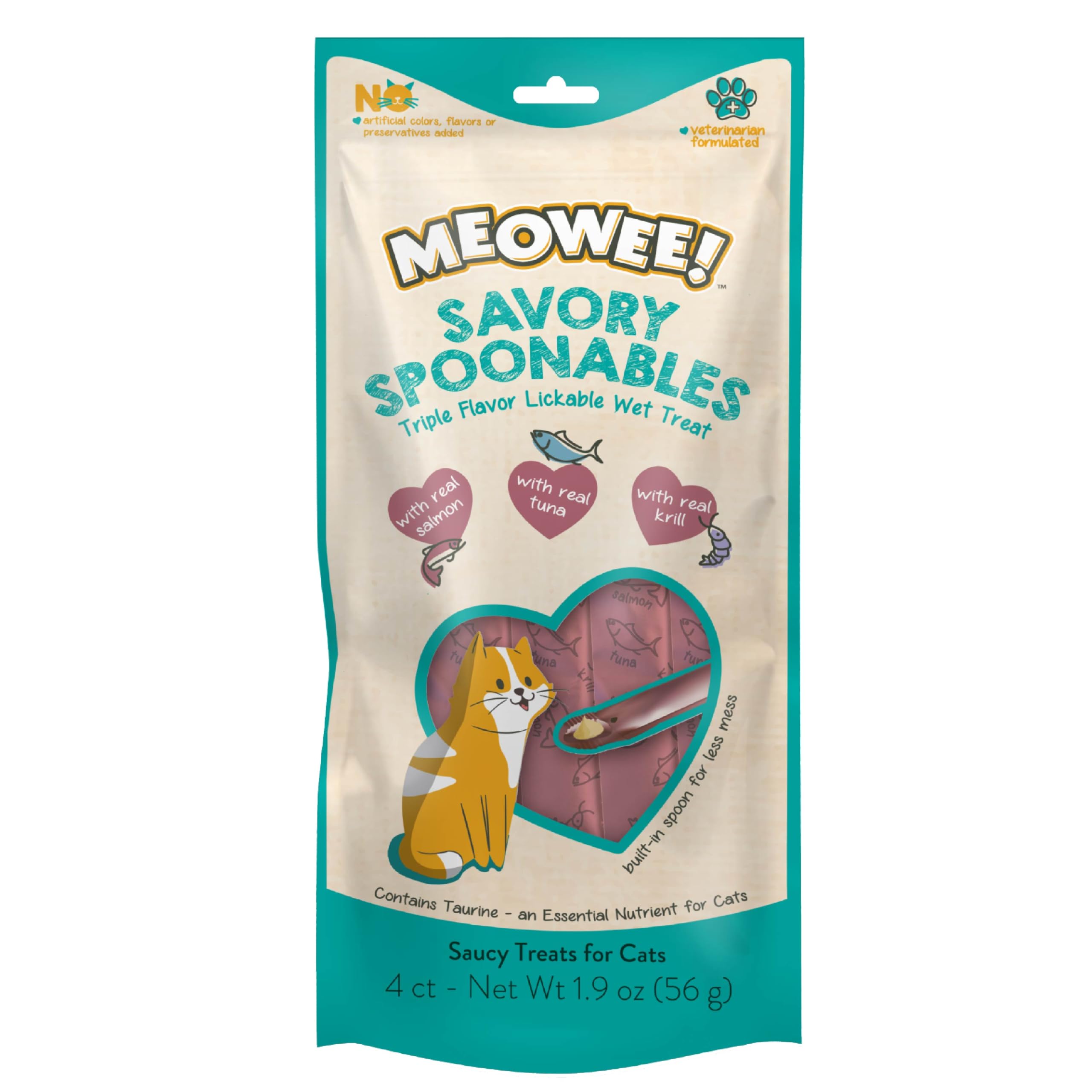 MEOWEE! Savory Spoonables with Real Salmon, Tuna and Krill for Cats, 4 Count, Treat Your Cat to Triple Flavor Squeezable Lickabl