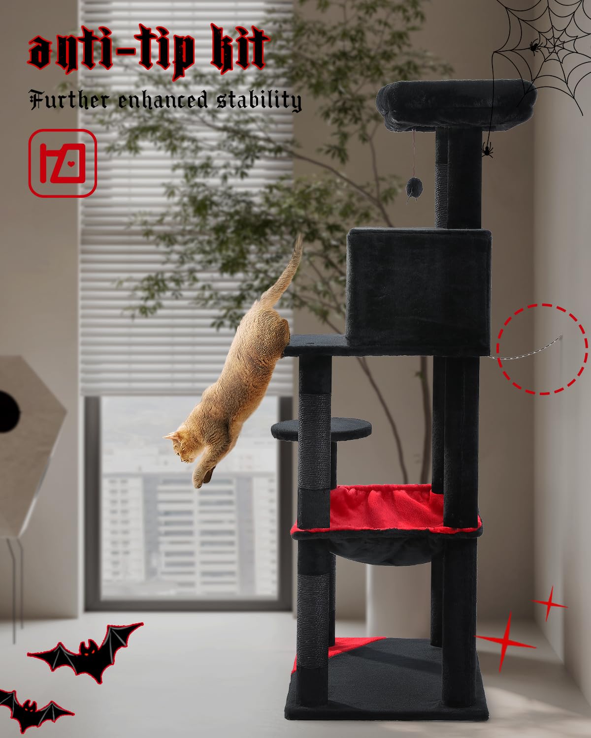 Muttros Gothic Cat Tree With Super Large Hammock, 56.3' Black Cat Tower With Coffin Bed, Cat Condo, Sisal Scratching Posts & Top Perch, Multi-Level Goth Cat Tree, Halloween, Black