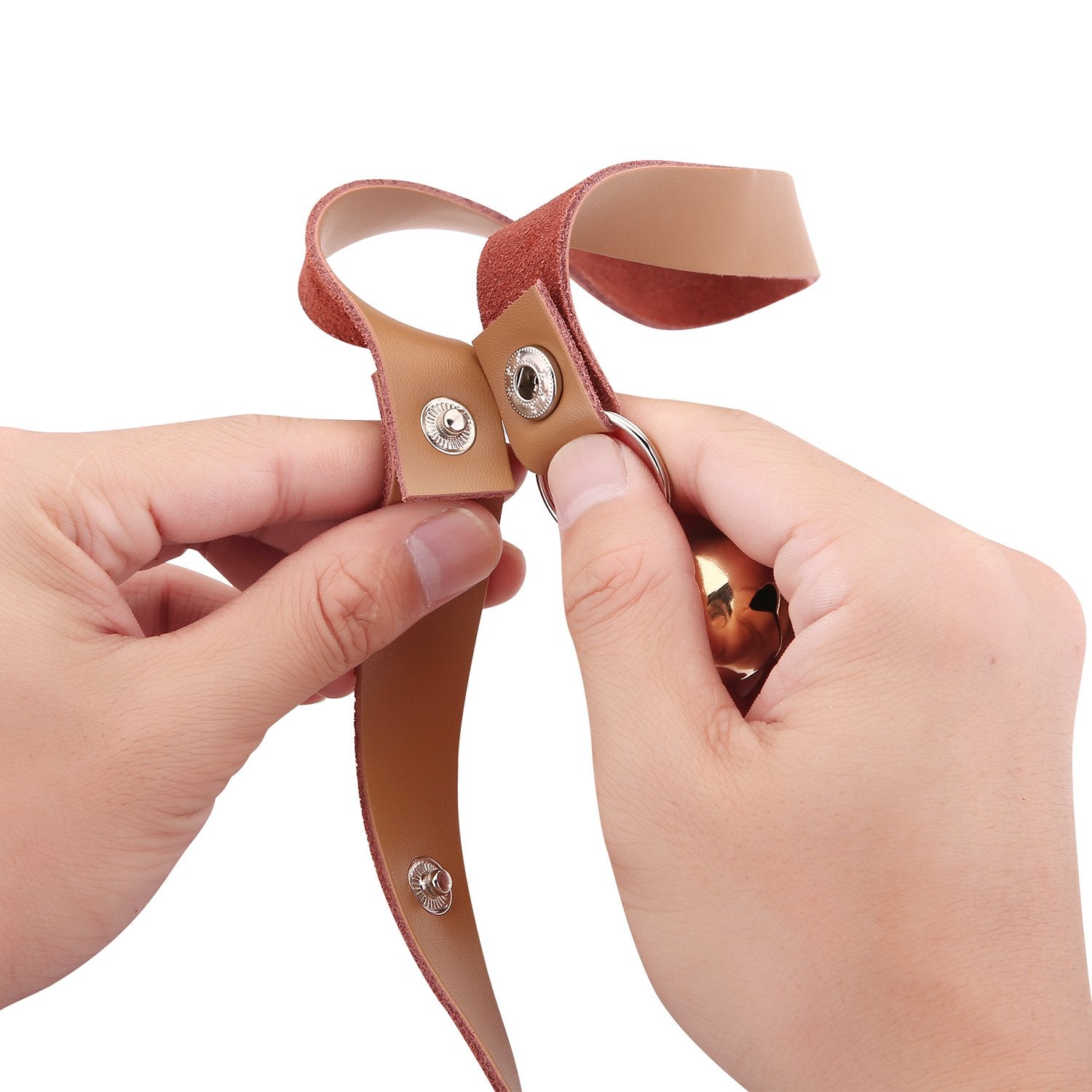 CATHYLIFE Leather Dog Doorbells for Potty Training, Adjustable Copper Bell, Brown Leather, Model GML01