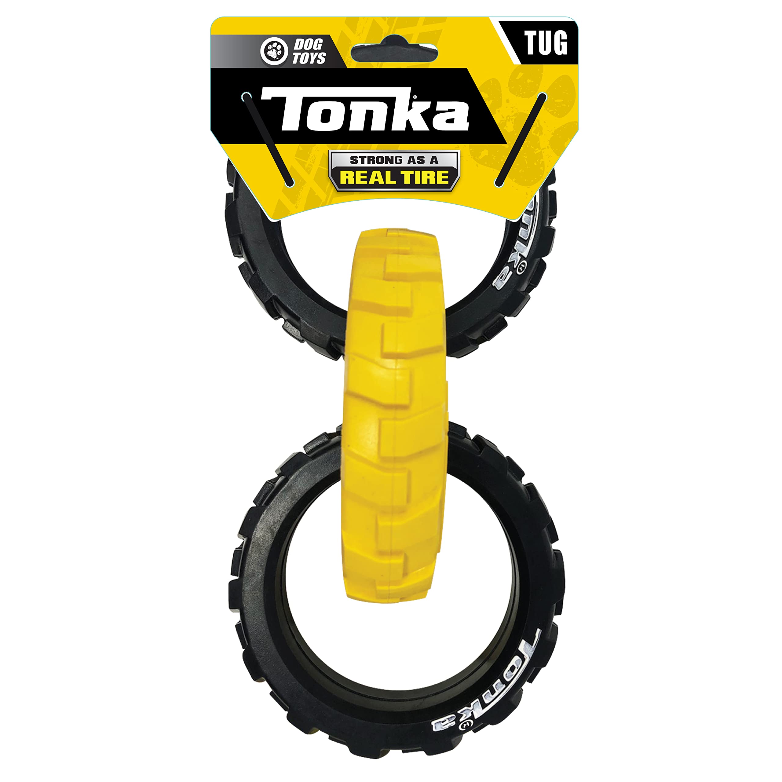 Tonka Rubber 3-Ring Tug Dog Toy, Lightweight, Durable And Water Resistant, 10.5 Inches, For Medium/Large Breeds, Single Unit, Yellow/Black
