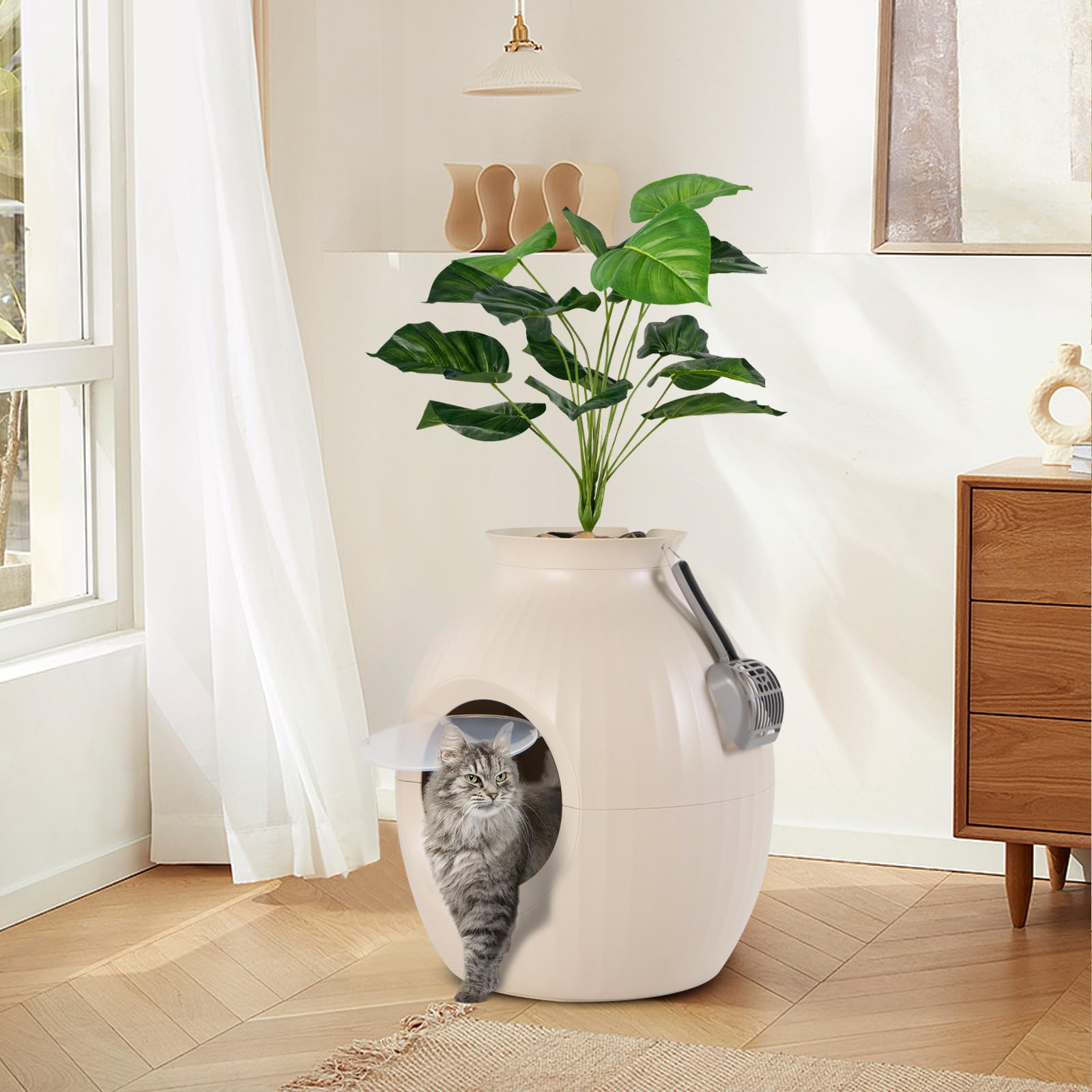 Petsite Hidden Litter Box Plant, Cat Litter Box Enclosure Furniture With Smart Odor Removal System, 4 Light Effects, Door, Artif