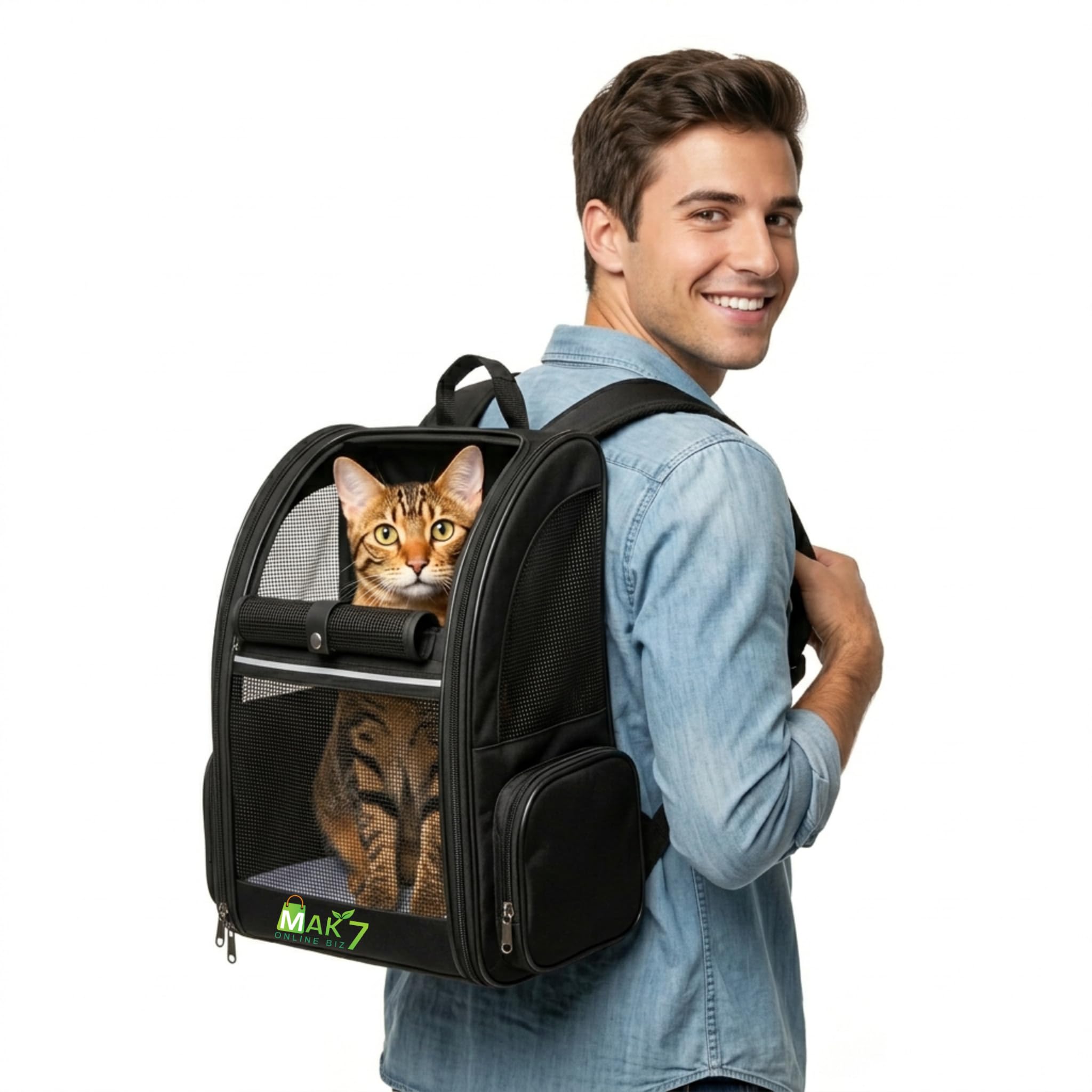 Mak7 Cat Carrier Backpack | Breathable Mesh Design, Lightweight Travel Bag For Small Pets | Wide Strap, Foldable | Cat Bag Dog C