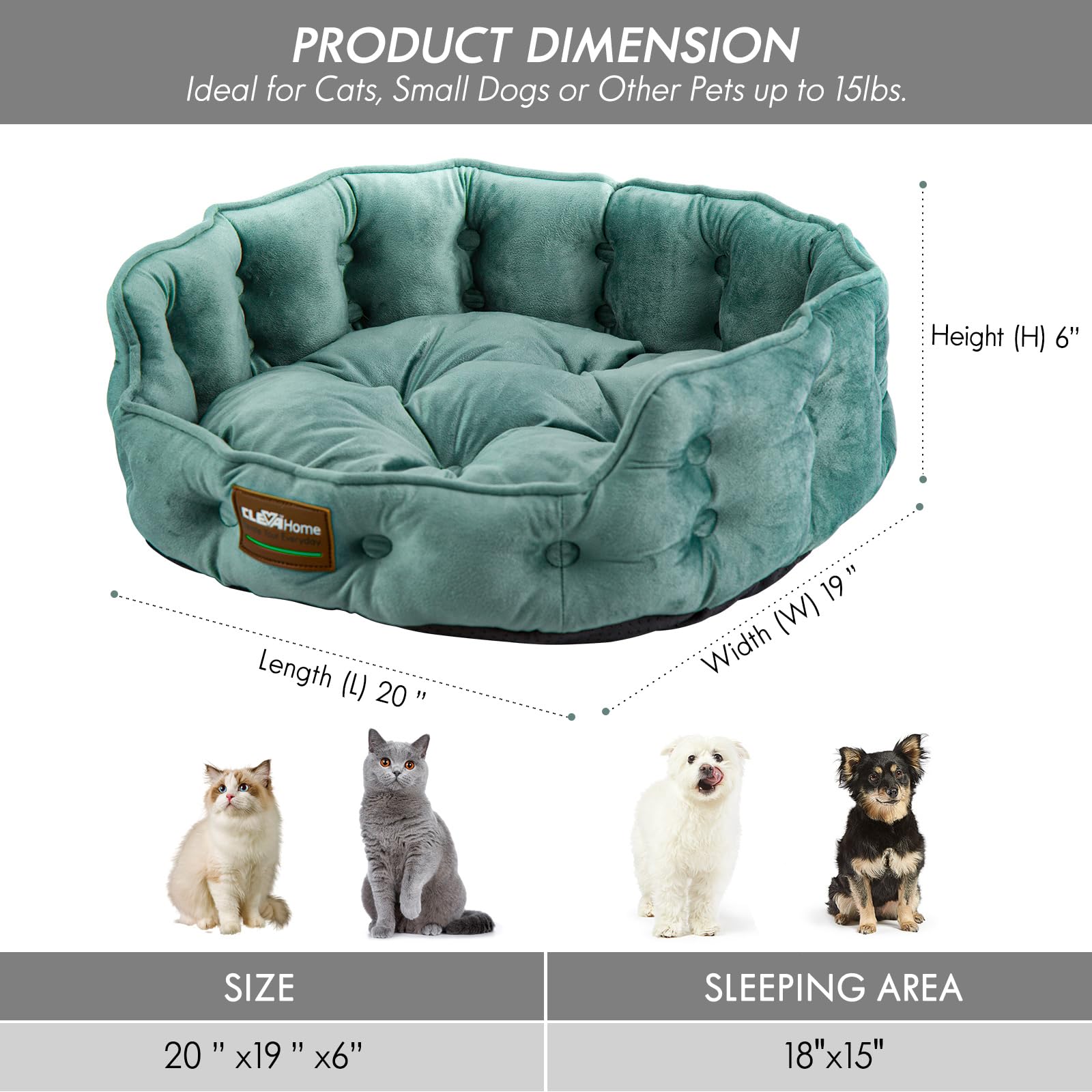 ClevaHome Cat Dog Bed - Round Indoor Bed for Small Pets, 20"L x 19"W, Washed Green, Machine Washable, Non-Slip Bottom, Model M-CBS-BHL
